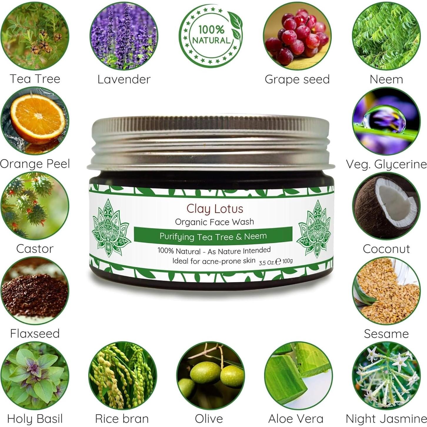 Limpiador Facial Orgánico Clay Lotus 100ml Piel Grasa Acné