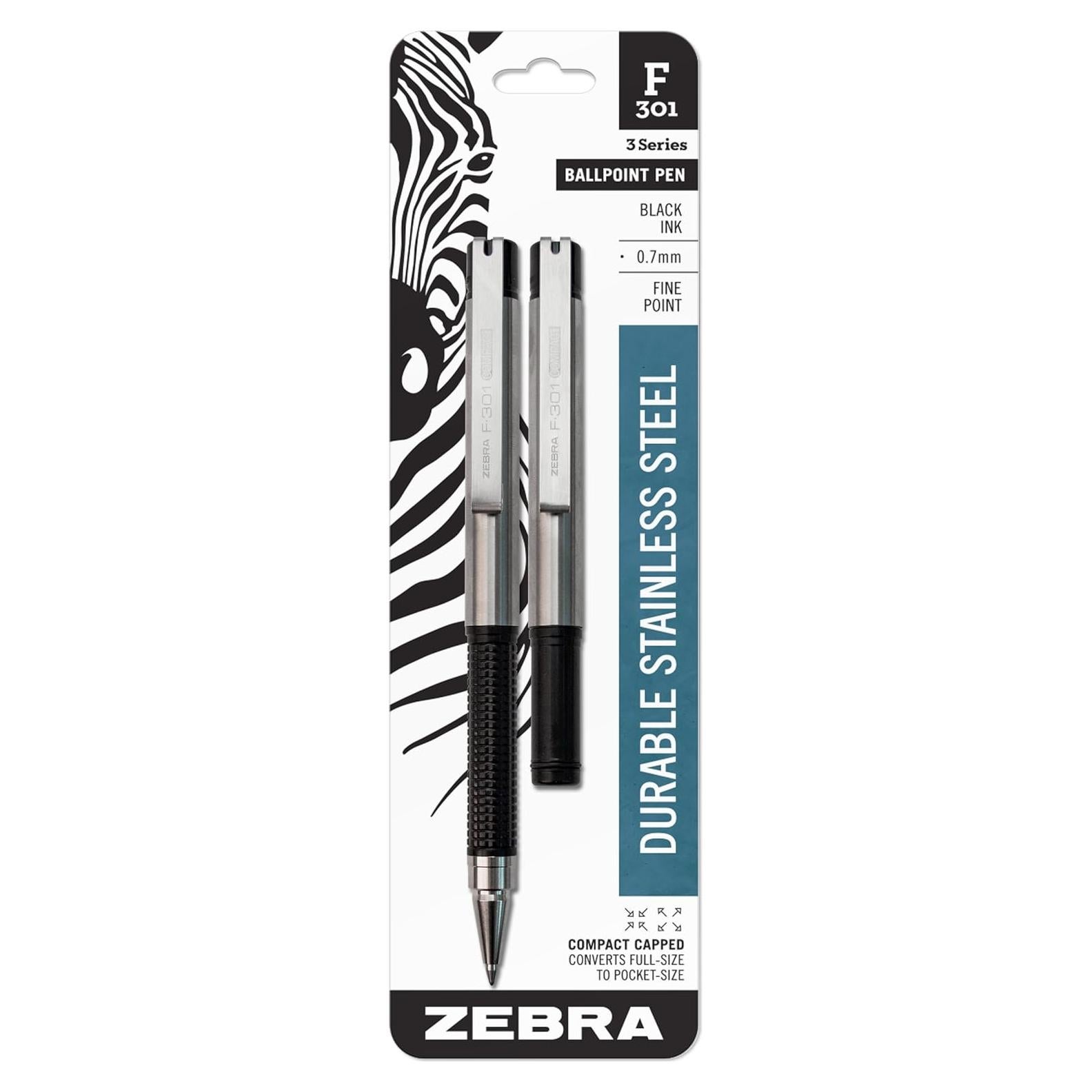 Bolígrafo retráctil Zebra Pen F-301, acero inoxidable, 0.7mm, 2 unidades