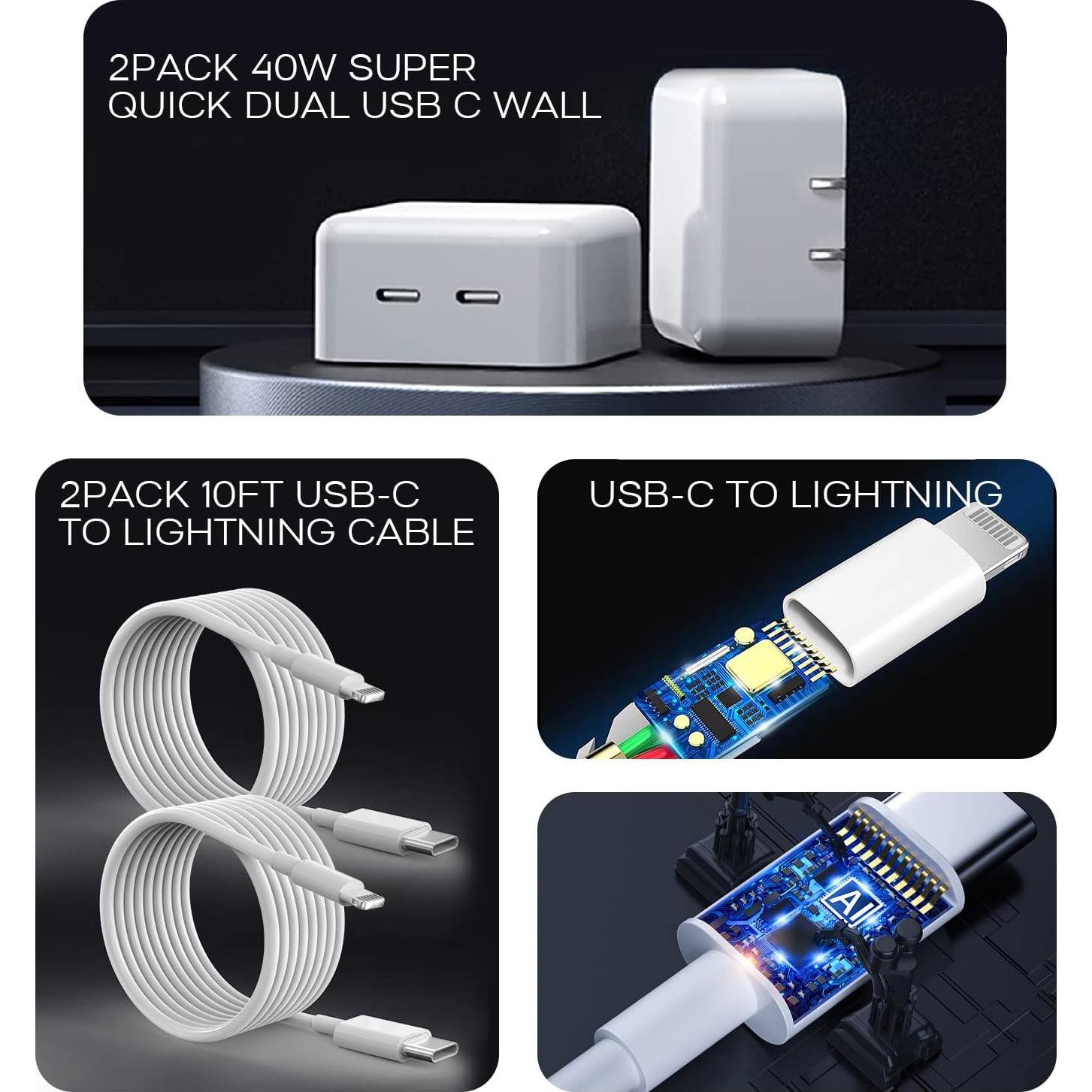 Cargador Rápido Doble USB C Dazana 40W + 2 Cables 10FT