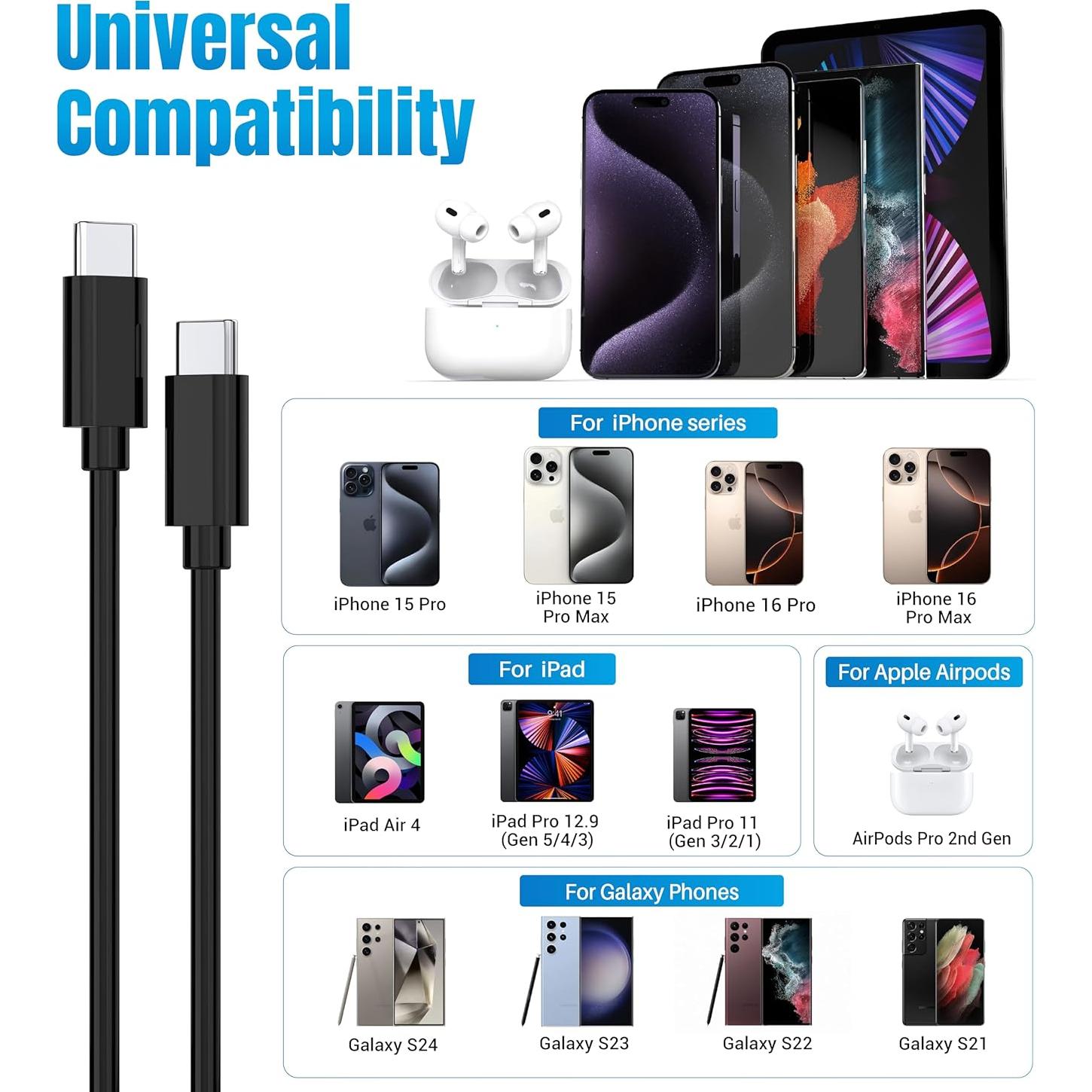 Paquete de 4 Cables USB C a USB C 60W - 2x1.83m y 2x3.05m Negro