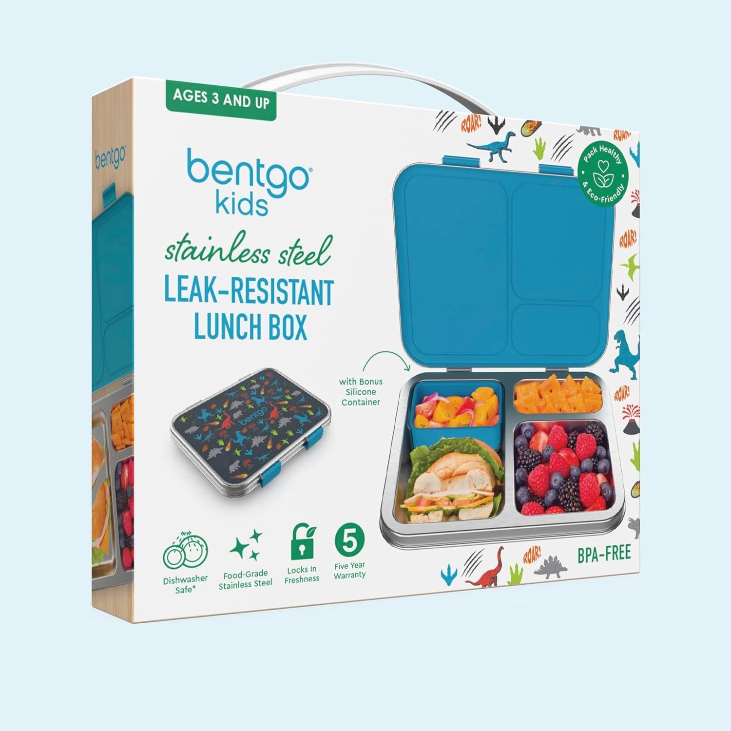 Caja de Almuerzo Acero Inoxidable Bentgo Kids Dinosaurio 3 Compartimentos