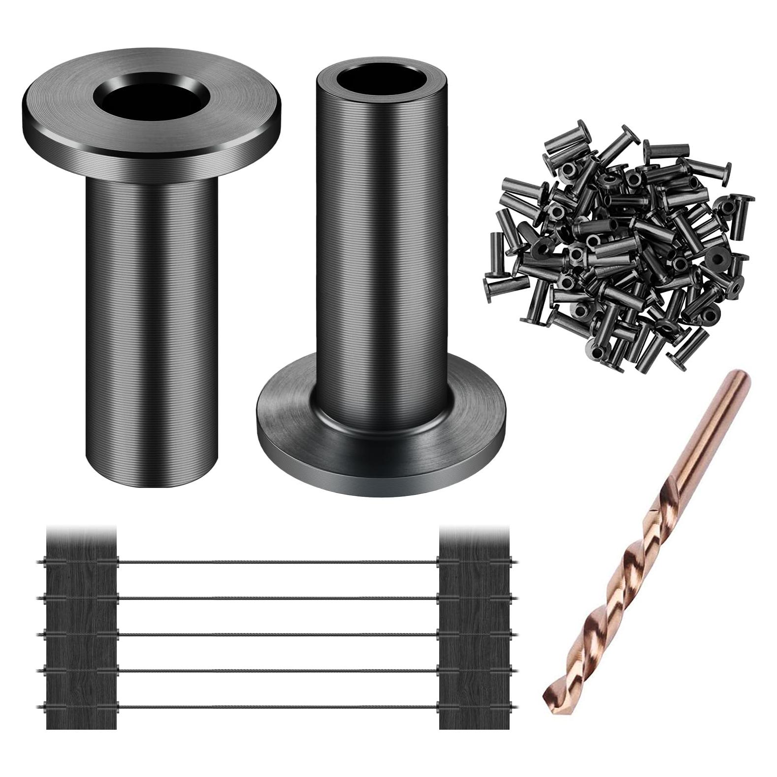 CKE 50 Pack T316 Black Stainless Steel Protector Sleeves for 1/8" Cable Deck Railing Kit System, Black Cable Railing Protector Sleeve for Wood Posts for 1/8" Wire Rope Cable DIY Balustrade, BCR02