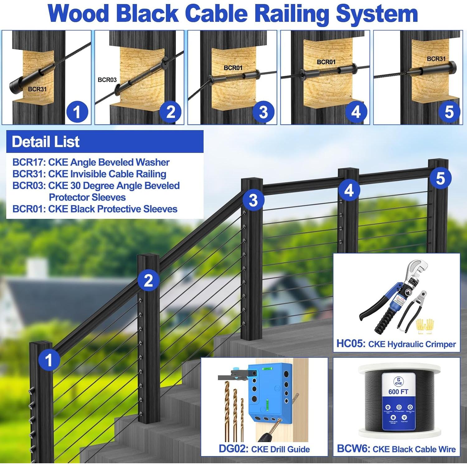 CKE 50 Pack T316 Black Stainless Steel Protector Sleeves for 1/8" Cable Deck Railing Kit System, Black Cable Railing Protector Sleeve for Wood Posts for 1/8" Wire Rope Cable DIY Balustrade, BCR02