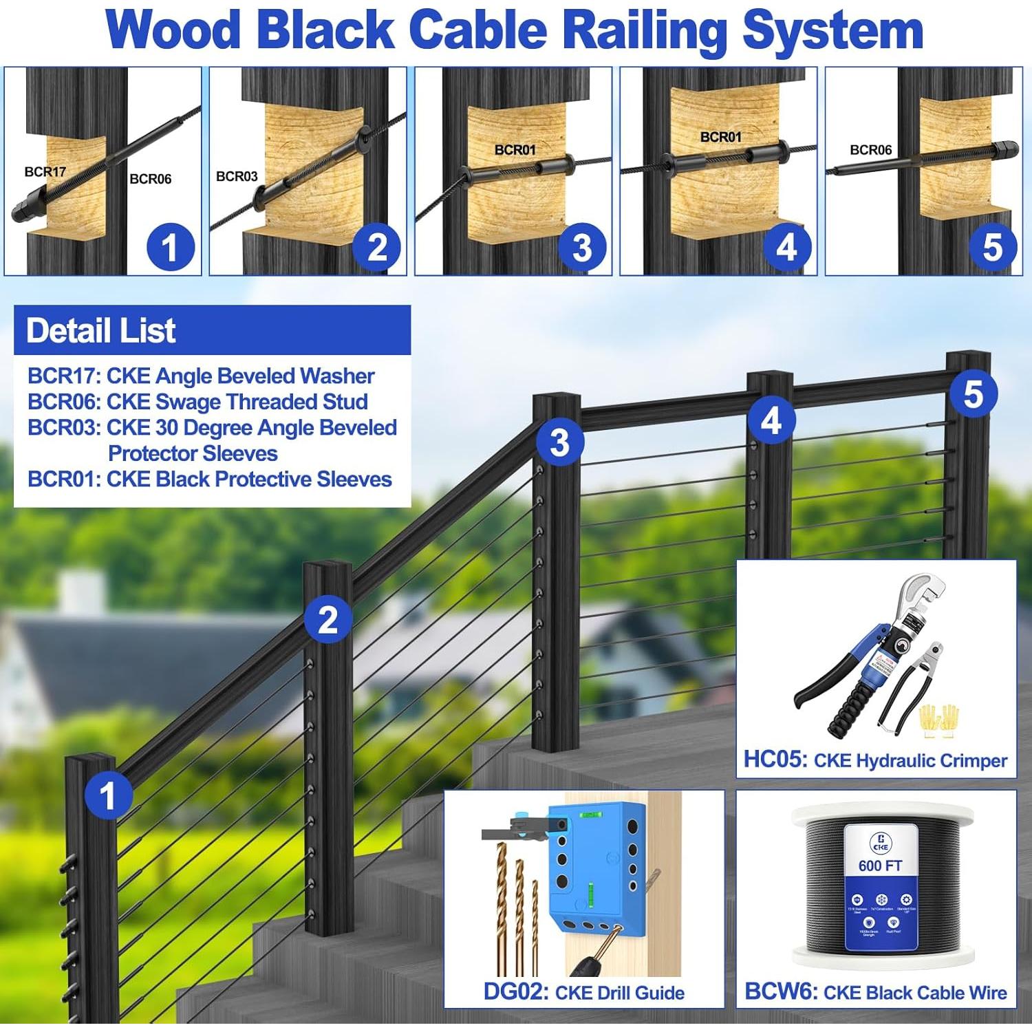 CKE 50 Pack T316 Black Stainless Steel Protector Sleeves for 1/8" Cable Deck Railing Kit System, Black Cable Railing Protector Sleeve for Wood Posts for 1/8" Wire Rope Cable DIY Balustrade, BCR02