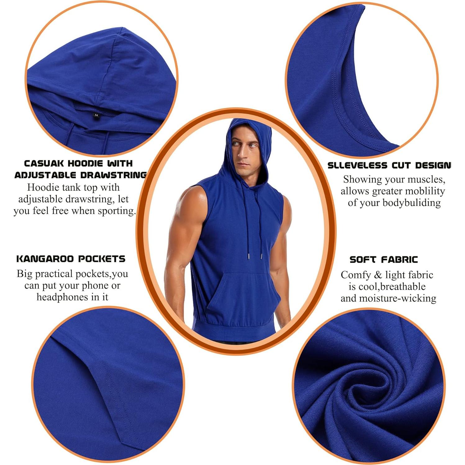 Camiseta sin mangas con capucha Amussiar para hombres azul