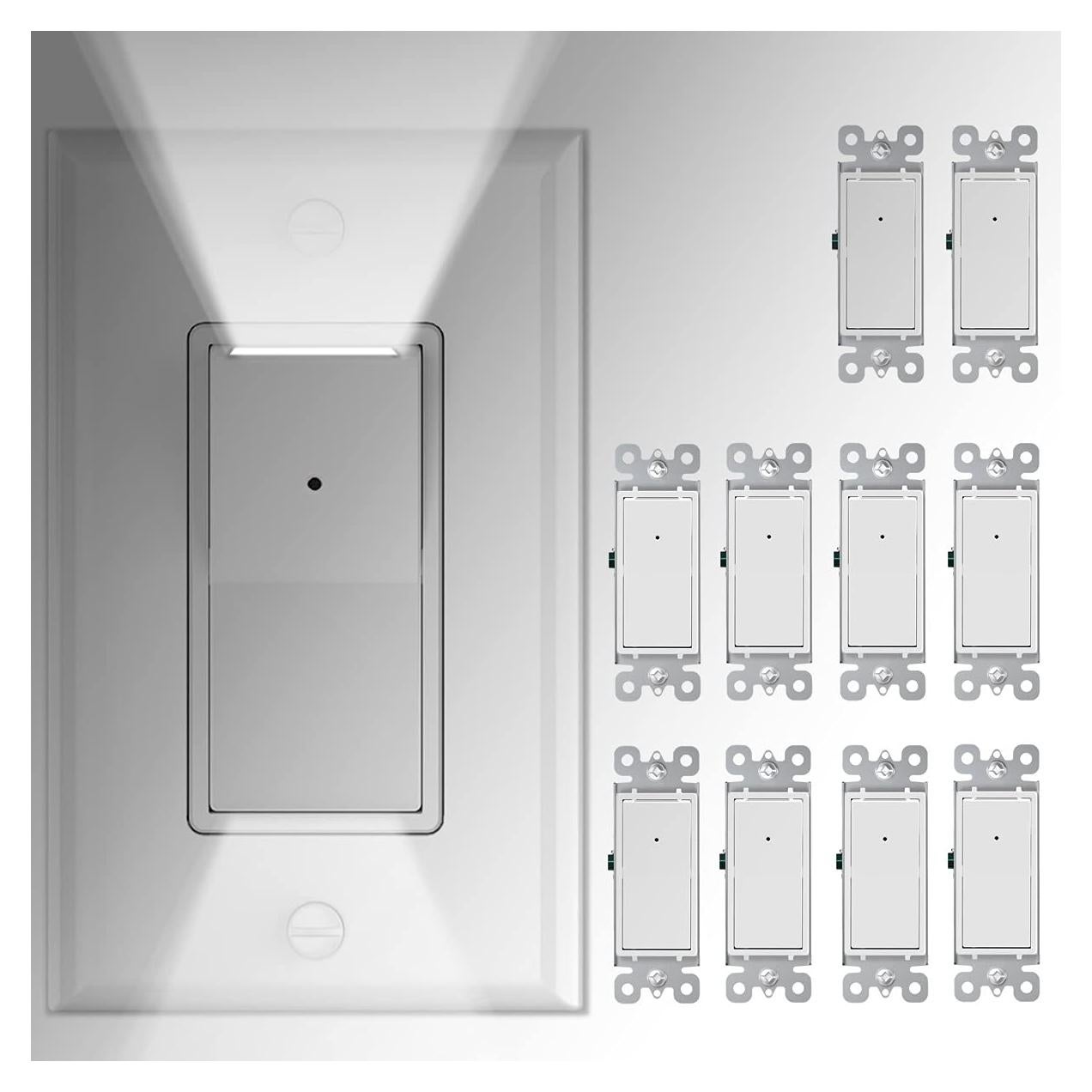 Paquete de 10 Interruptores de Pared SOZULAMP 3 Vías con Luz Nocturna LED 15Amp