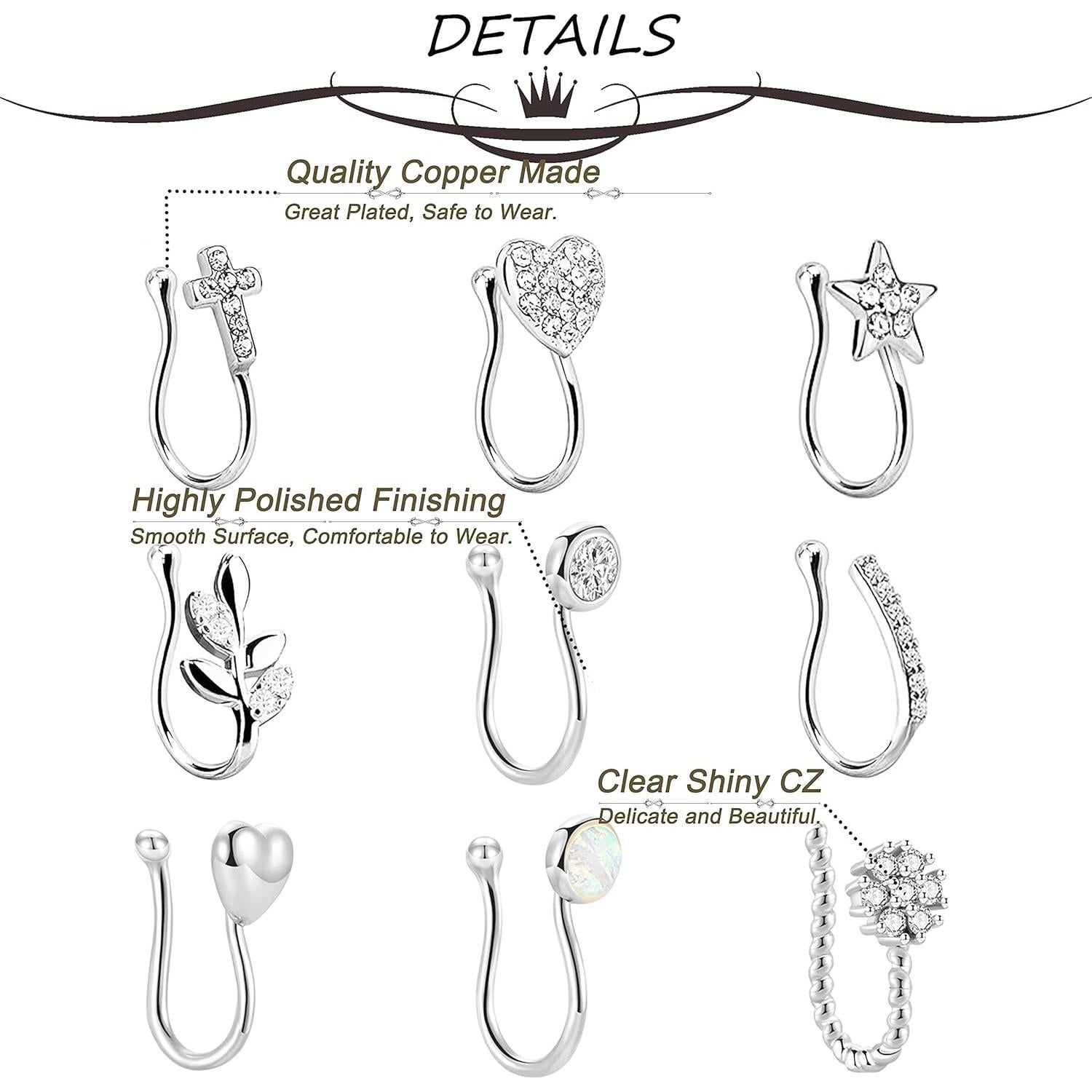 Conjunto de 9 Anillos Falsos para Nariz Masedy Plata