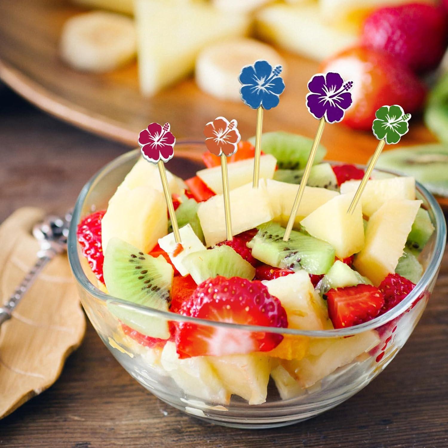 100 Palillos de Cóctel de Bambú con Flor 12 cm para Fiestas