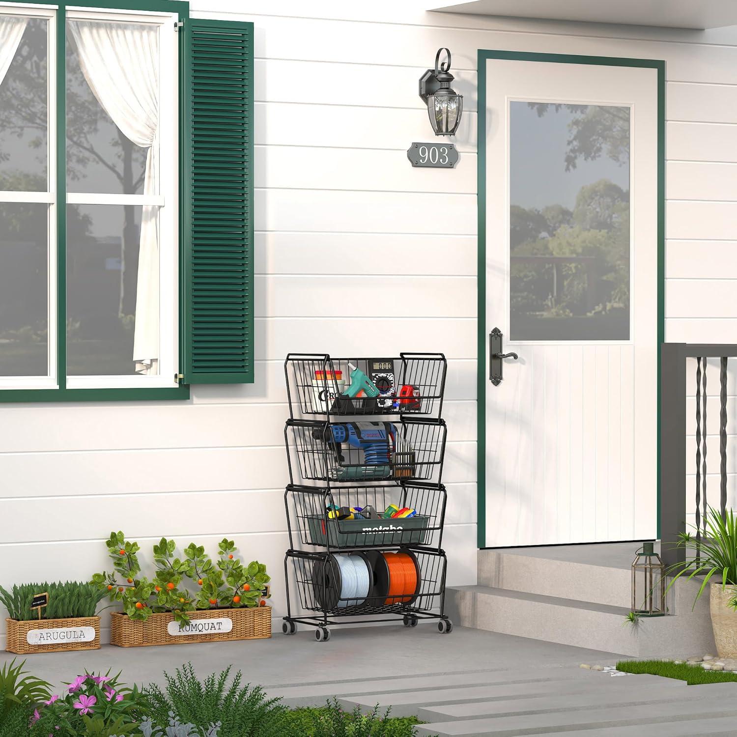 Estante de Almacenamiento PUSDON 4 Niveles Metal Negro con Ruedas