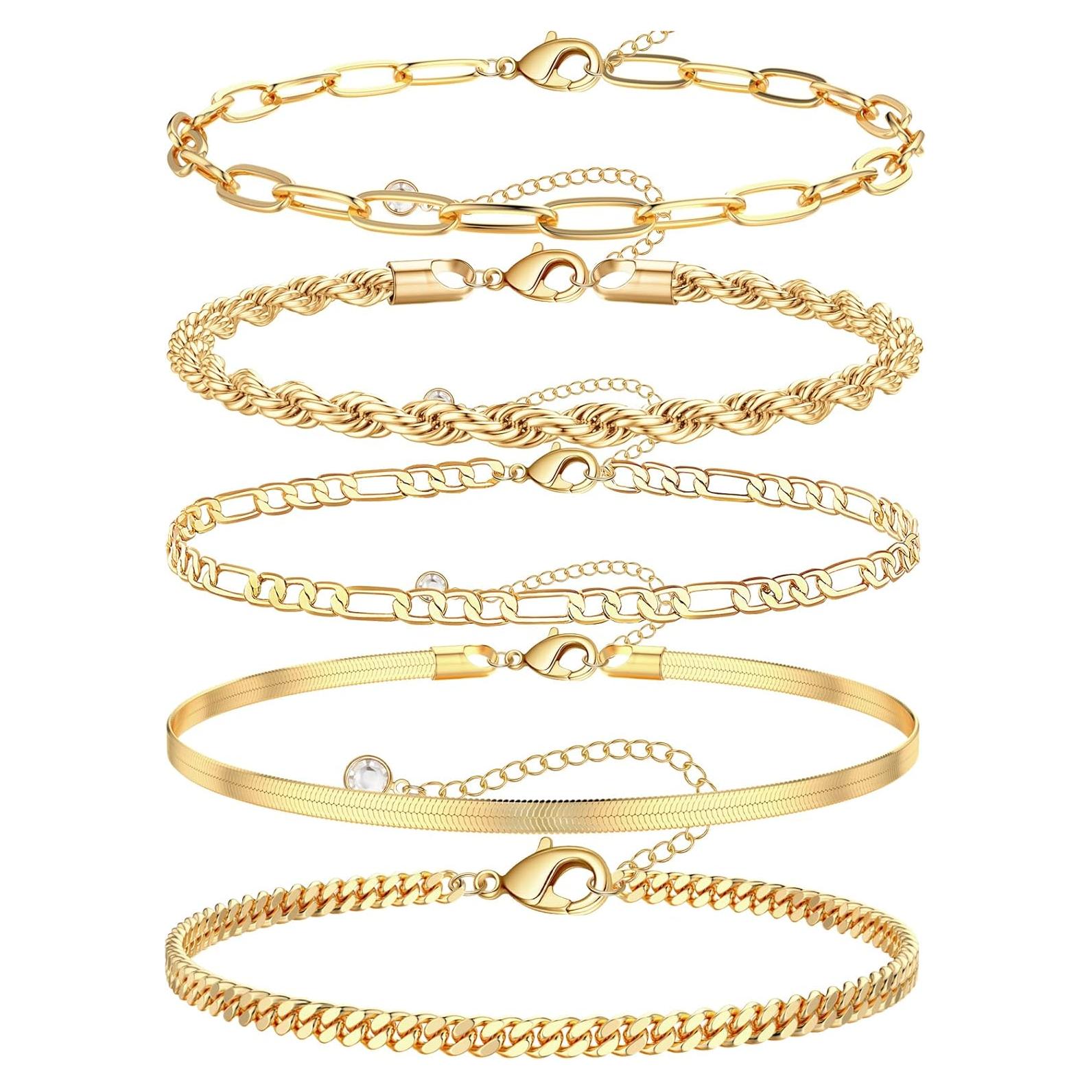 Conjunto de 5 Pulseras de Tobillo de Oro 14k GMSOL Ajustables
