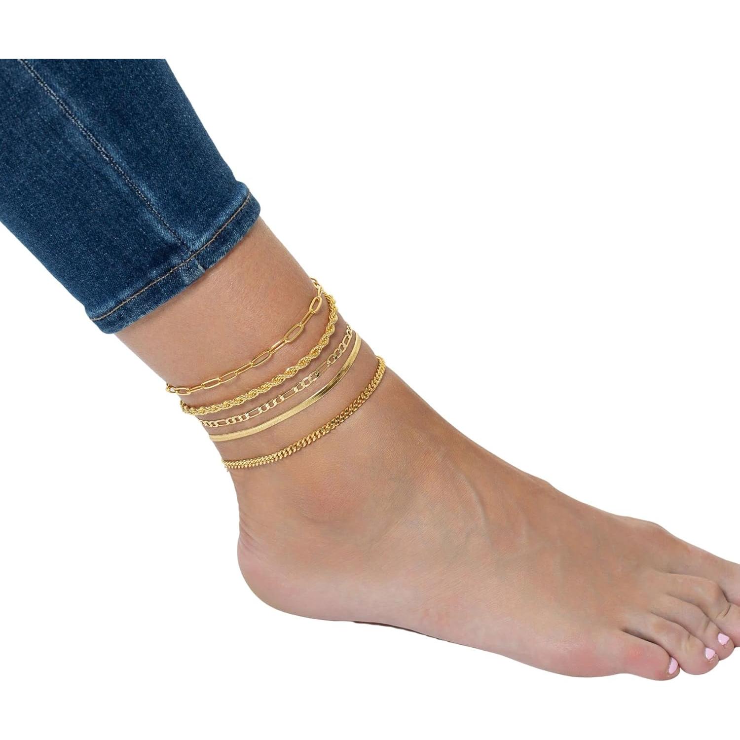 Conjunto de 5 Pulseras de Tobillo de Oro 14k GMSOL Ajustables