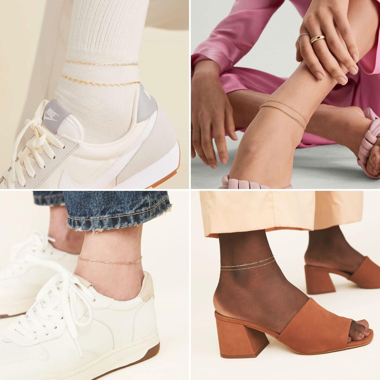 Conjunto de 5 Pulseras de Tobillo de Oro 14k GMSOL Ajustables