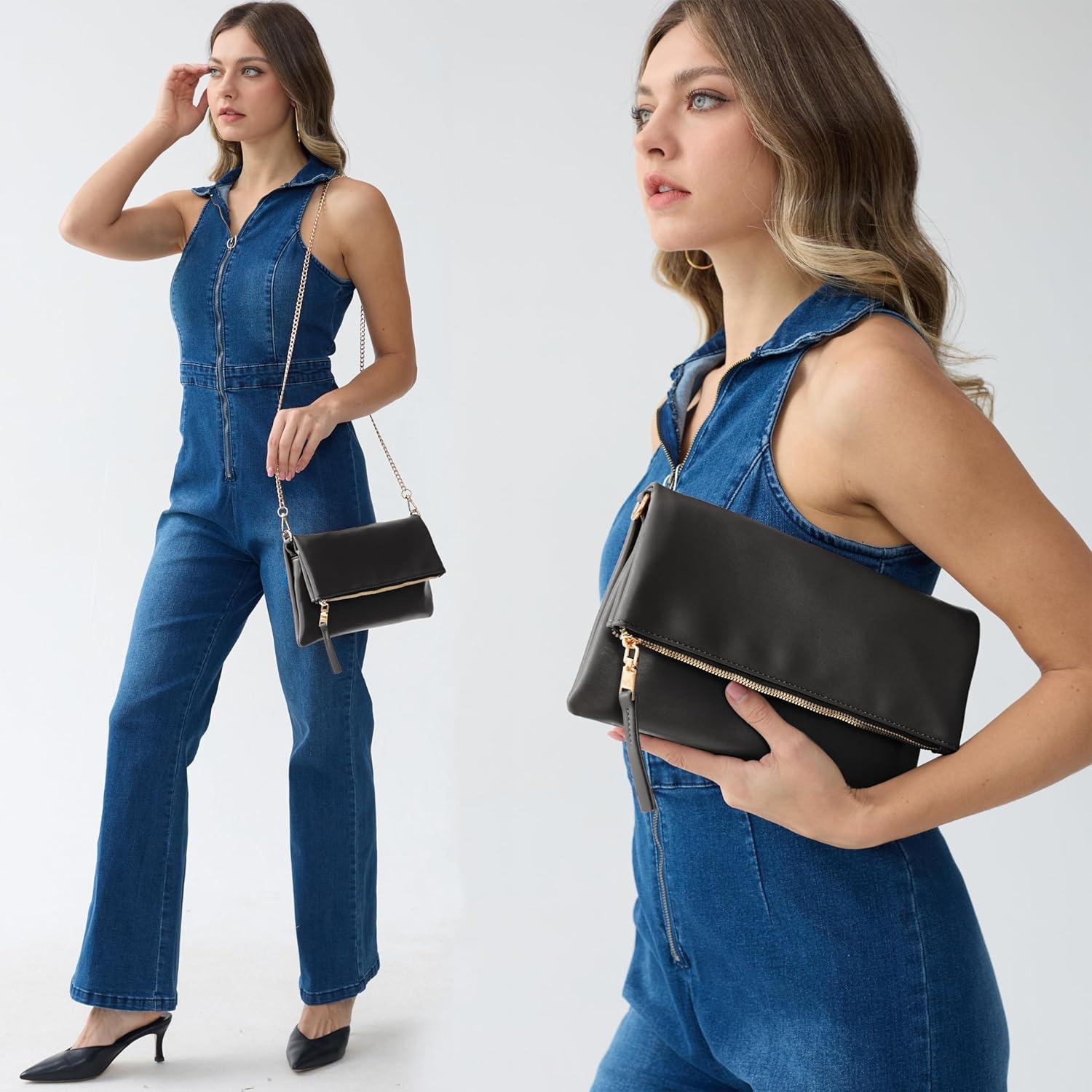 Bolso de mano plegable de cuero vegano para mujer negro