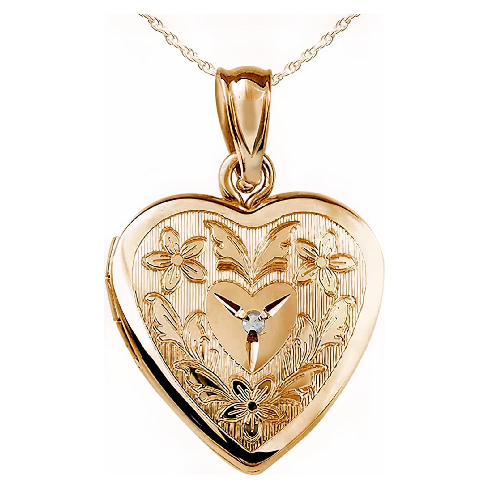Collar Locket Floral de Corazón 14K Oro Relleno con Cadena 45.7 cm