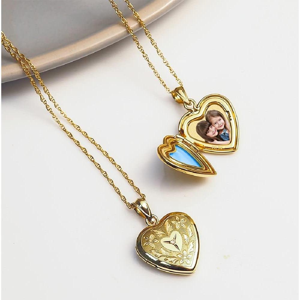 Collar Locket Floral de Corazón 14K Oro Relleno con Cadena 45.7 cm