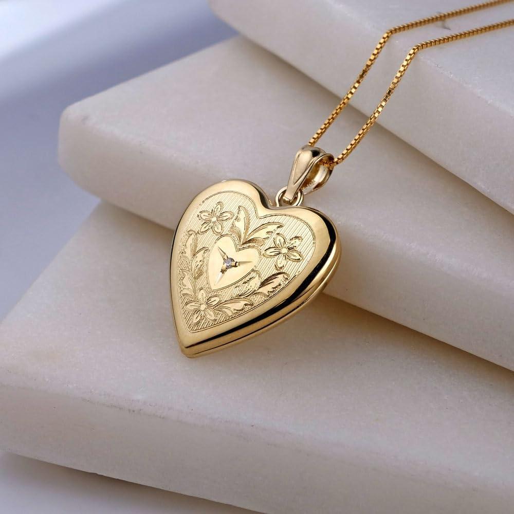 Collar Locket Floral de Corazón 14K Oro Relleno con Cadena 45.7 cm