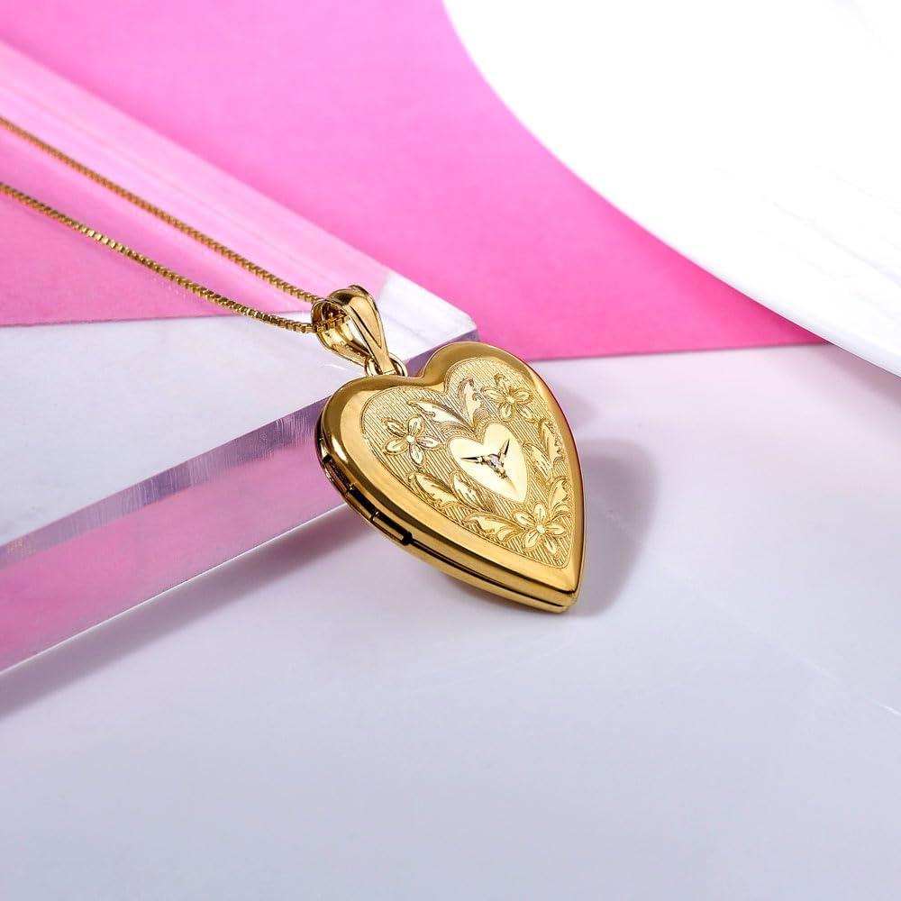 Collar Locket Floral de Corazón 14K Oro Relleno con Cadena 45.7 cm
