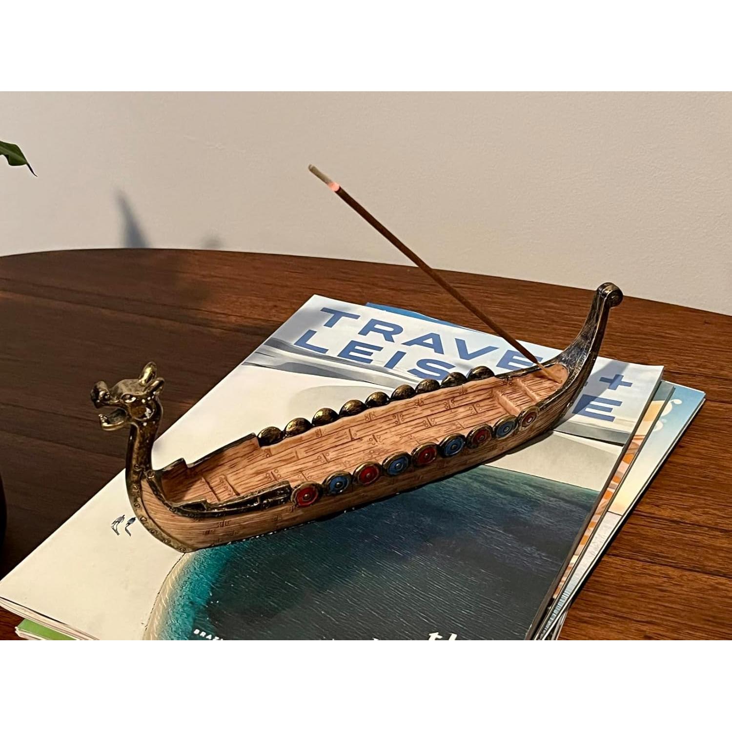 Quemador de Incienso Comeon Barco Dragón 25cm Resina Marrón