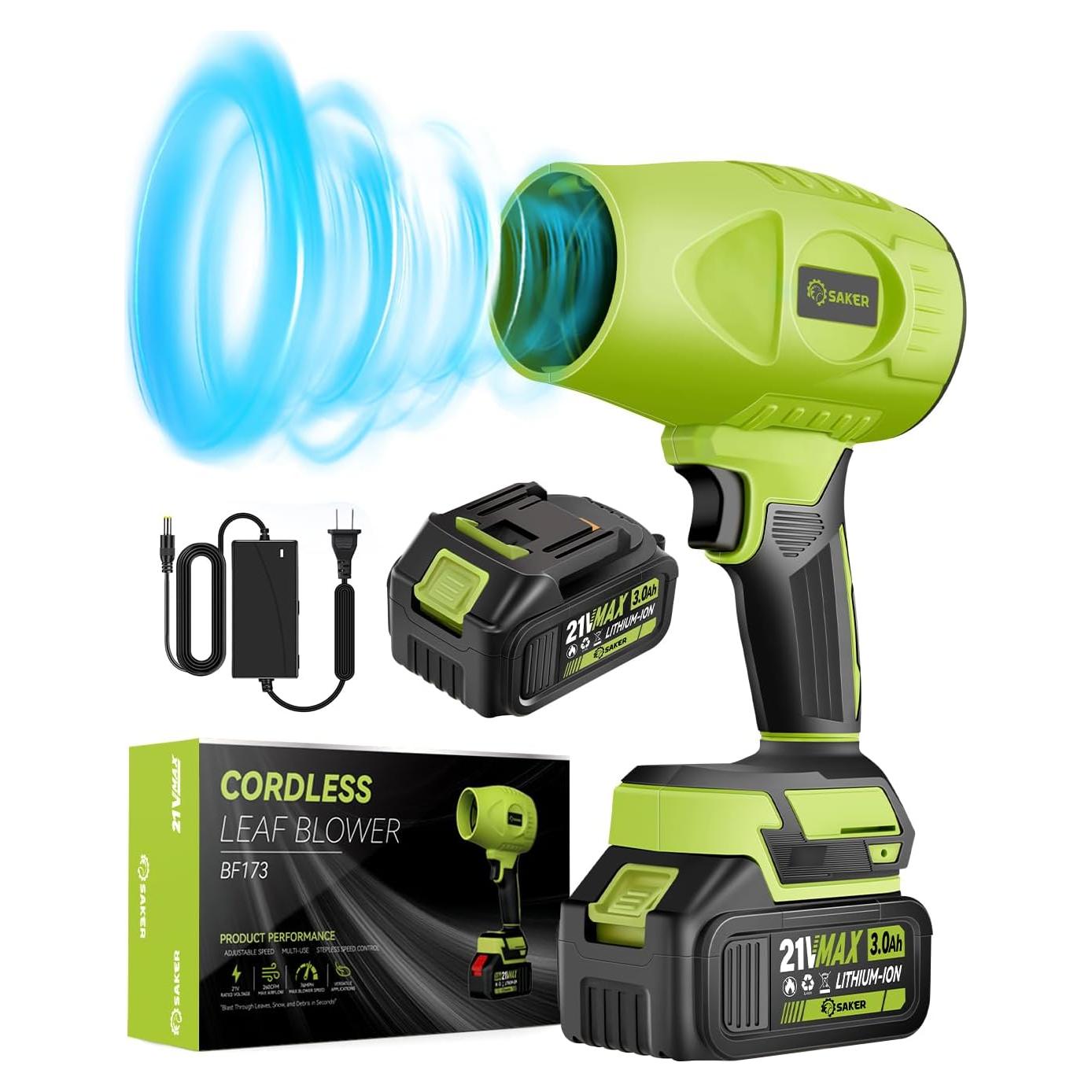Soplador de Hojas Inalámbrico Saker Verde 21V 2 Baterías