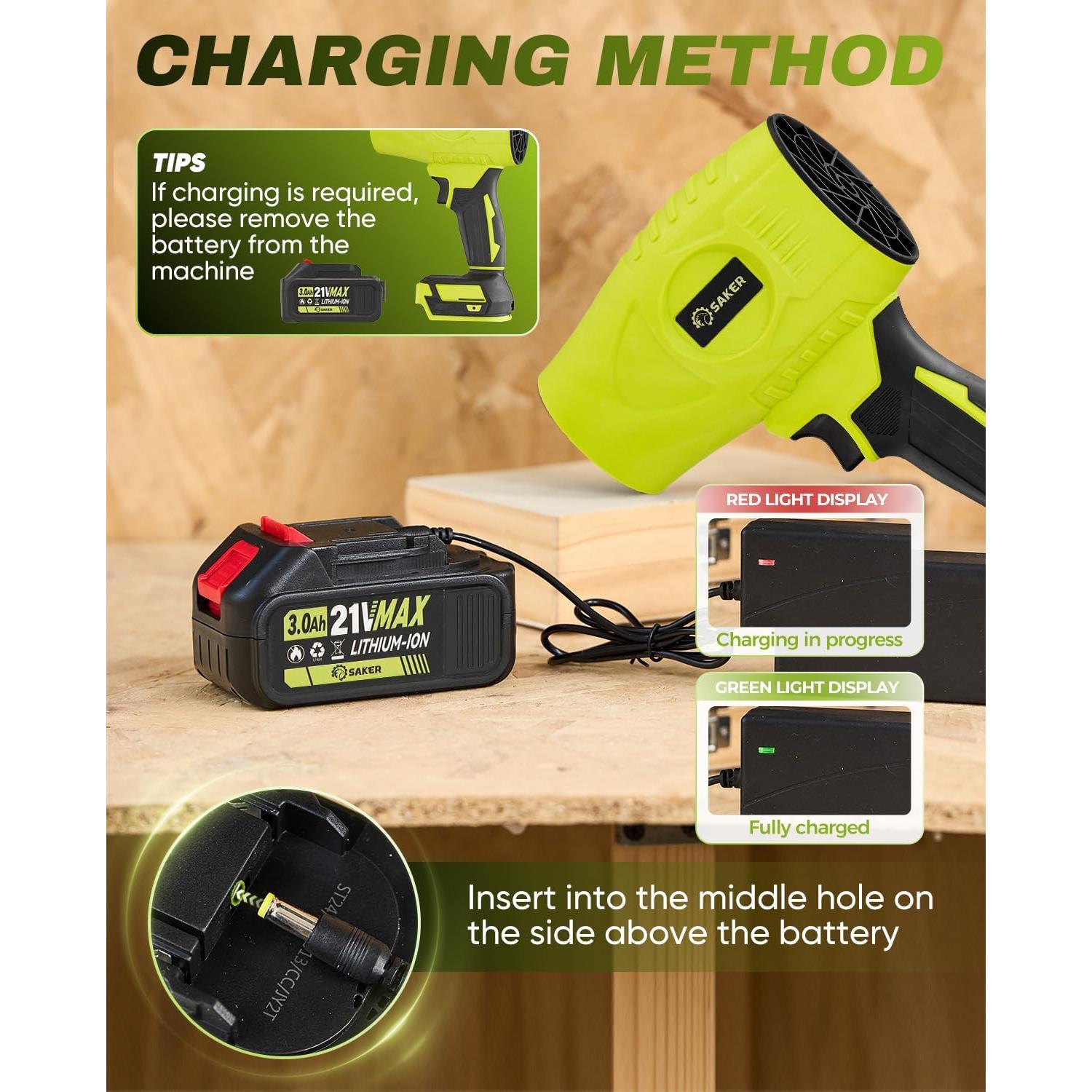 Soplador de Hojas Inalámbrico Saker Verde 21V 2 Baterías