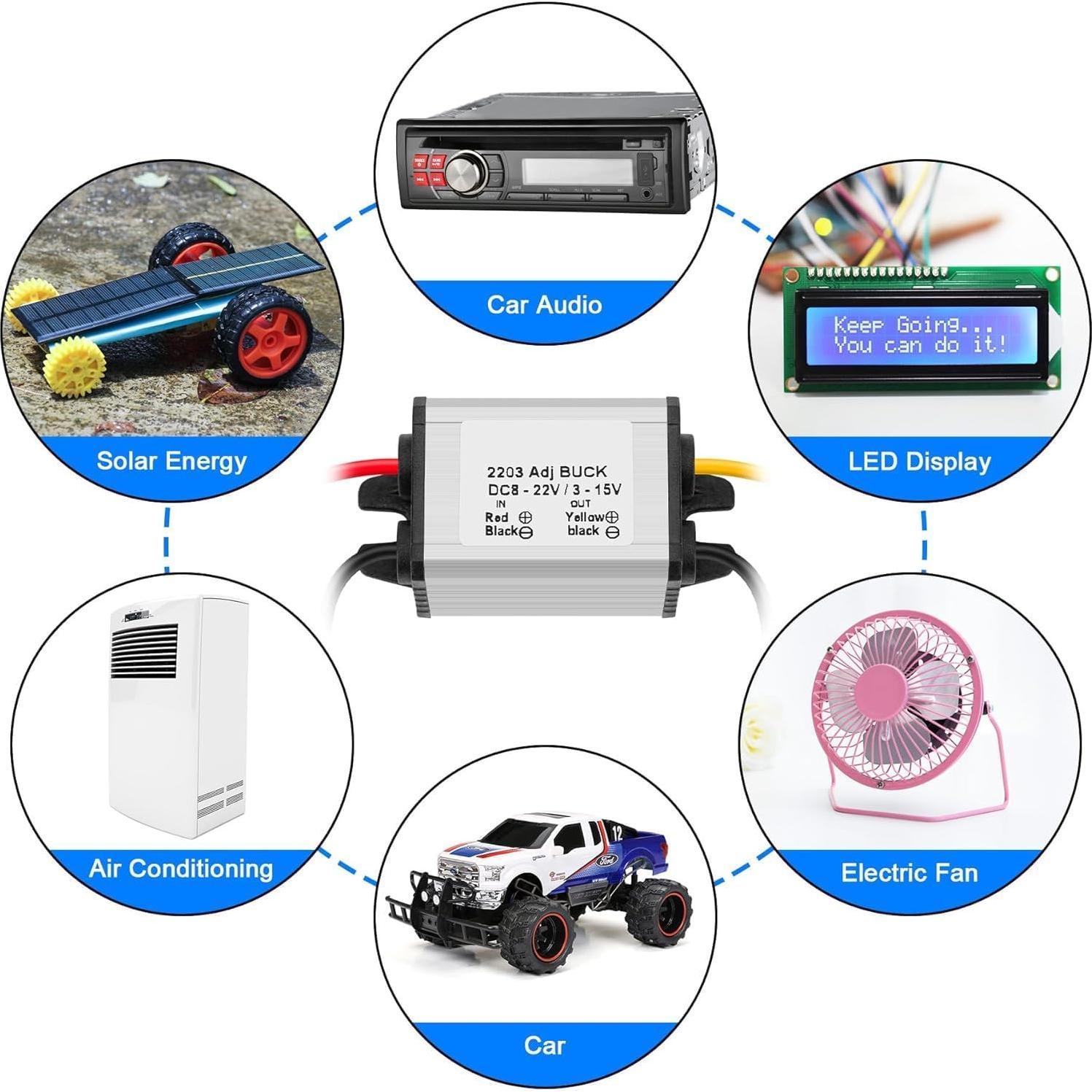 Convertidor Buck DC-DC YELUFT 8-22V a 3-15V 3A Impermeable