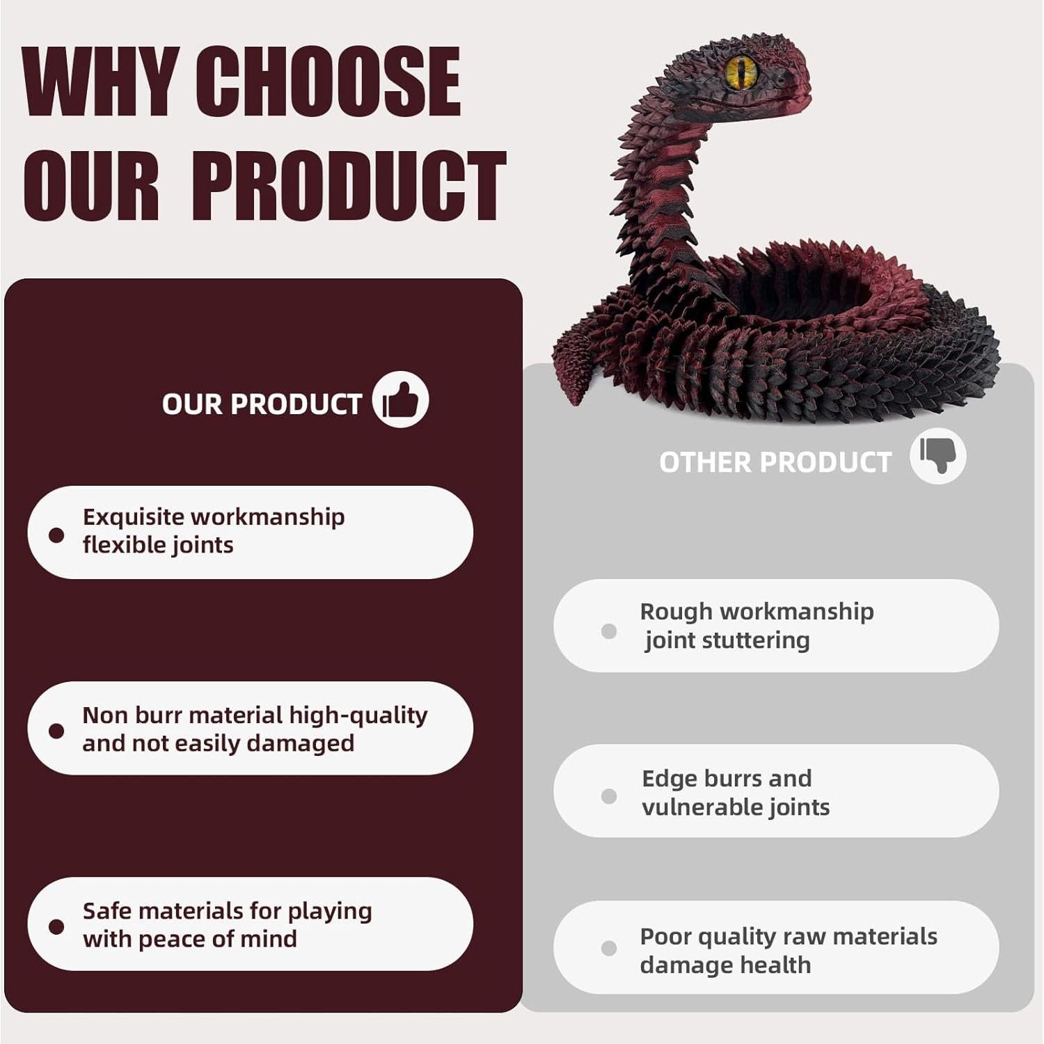 Serpiente Víbora Impresa en 3D Binvin 51.3 cm Juguete Articulado