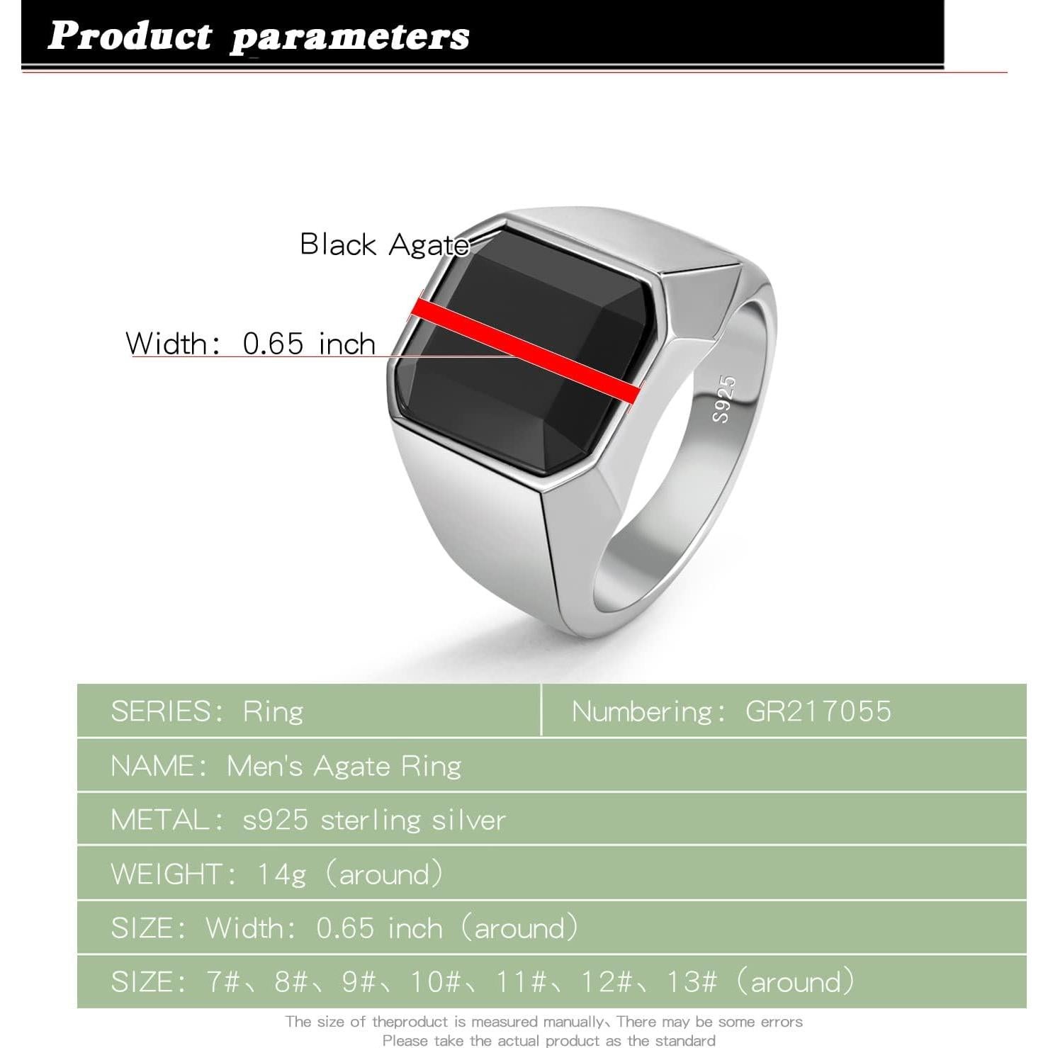 Anillo de Onice Negro Plata 925 Talla 6 a 13 Diseño Unisex