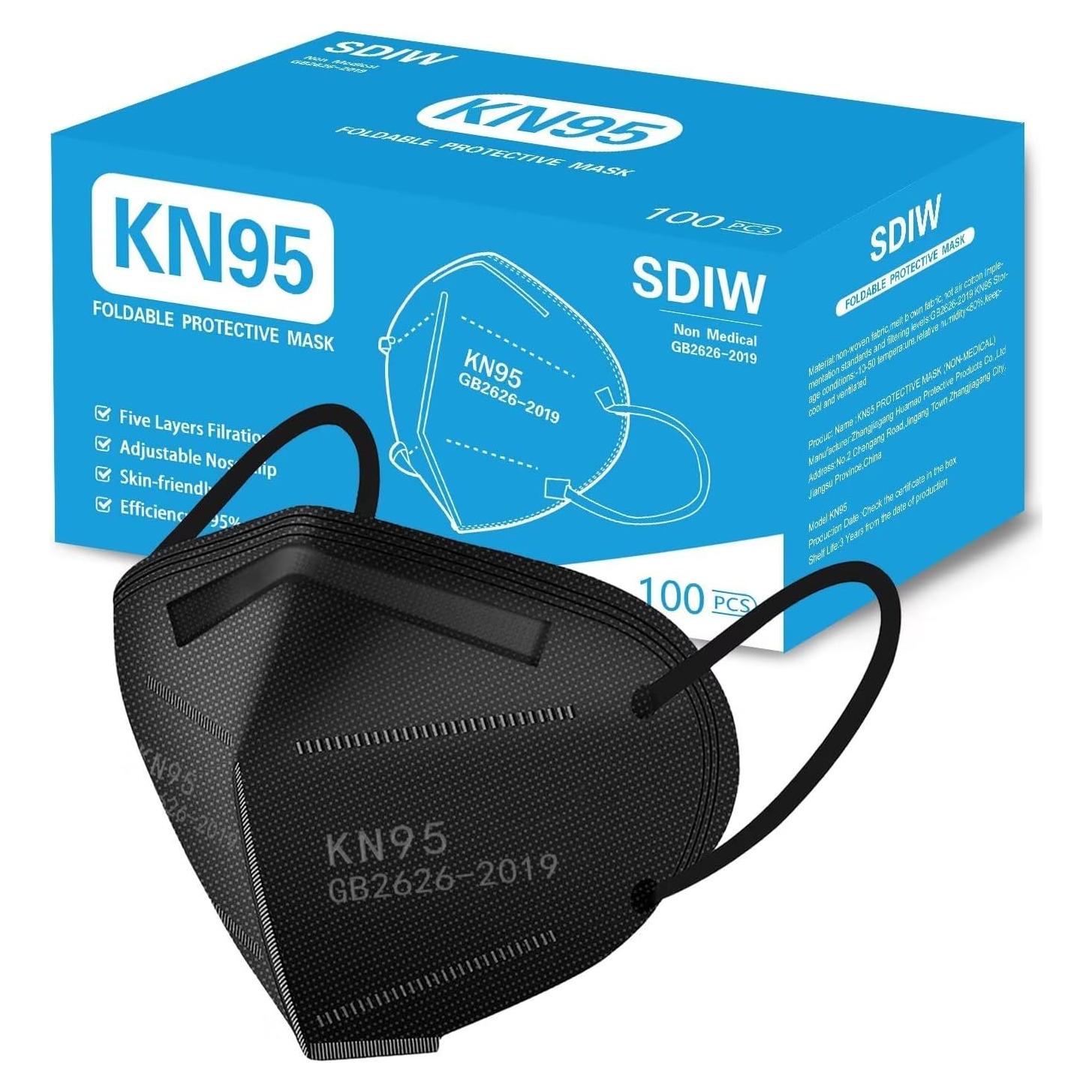 Mascarillas Faciales KN95 Negras 100 Pcs 5 Capas >95% Filtrado