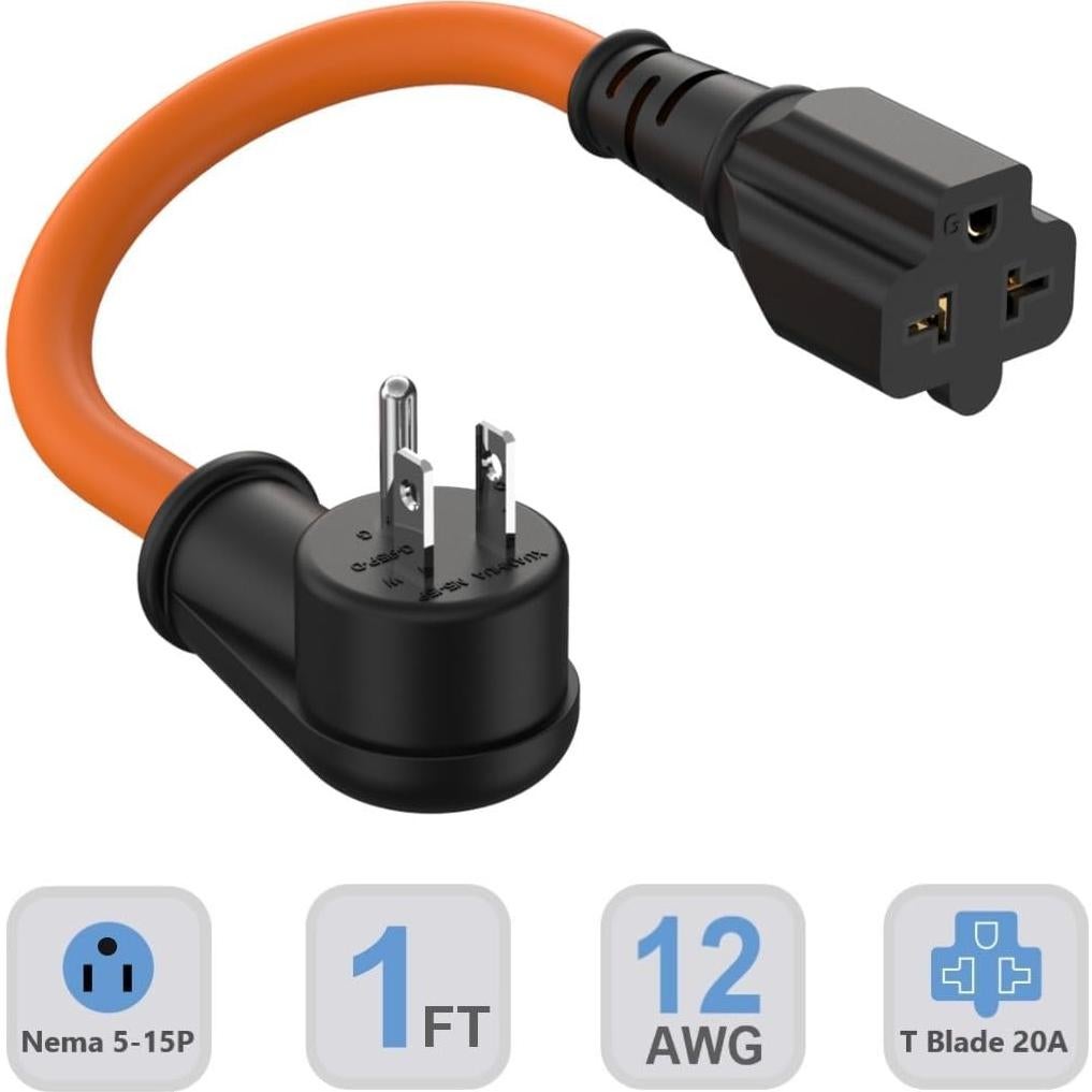 Adaptador de Enchufe 12AWG Nema 5-15P a 5-20R 1 Pie 15A a 20A