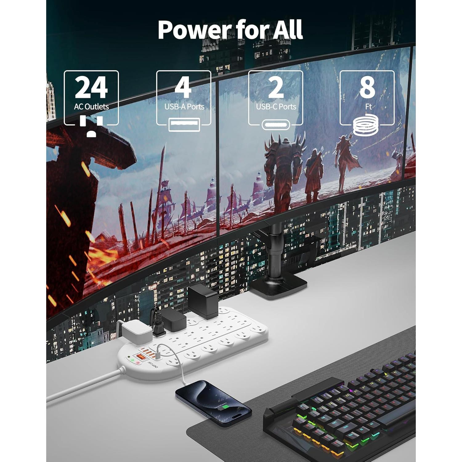 Regleta de Sobretensión DEPOW 24 Salidas 3400 Julios 8 Pies USB