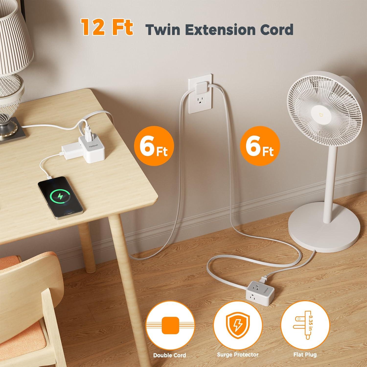 Cable de Extensión Doble TESSAN 3.66m con Protector de Sobretensión