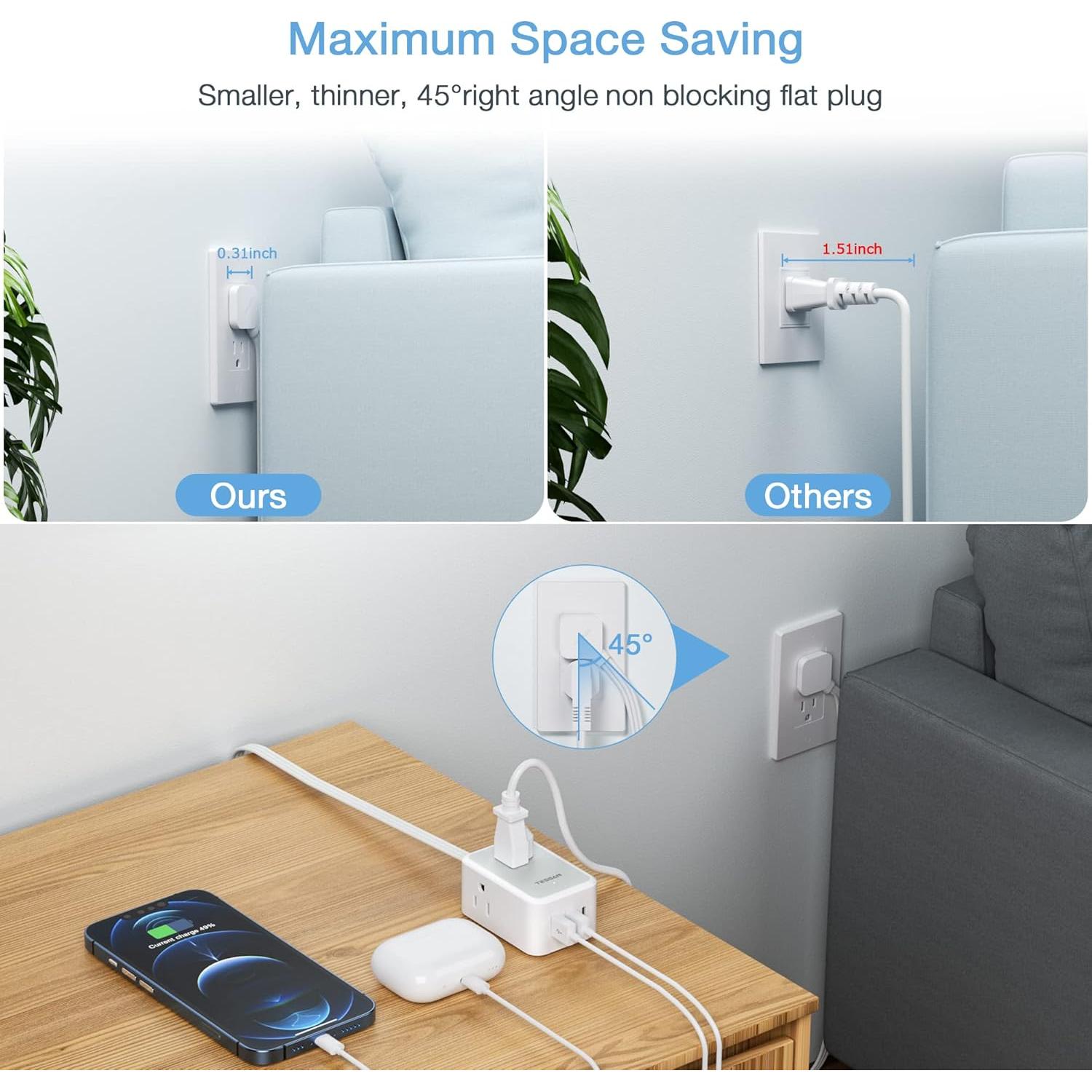 Regleta de Enchufes TESSAN 6 en 1 con USB-C 1.52m Gris