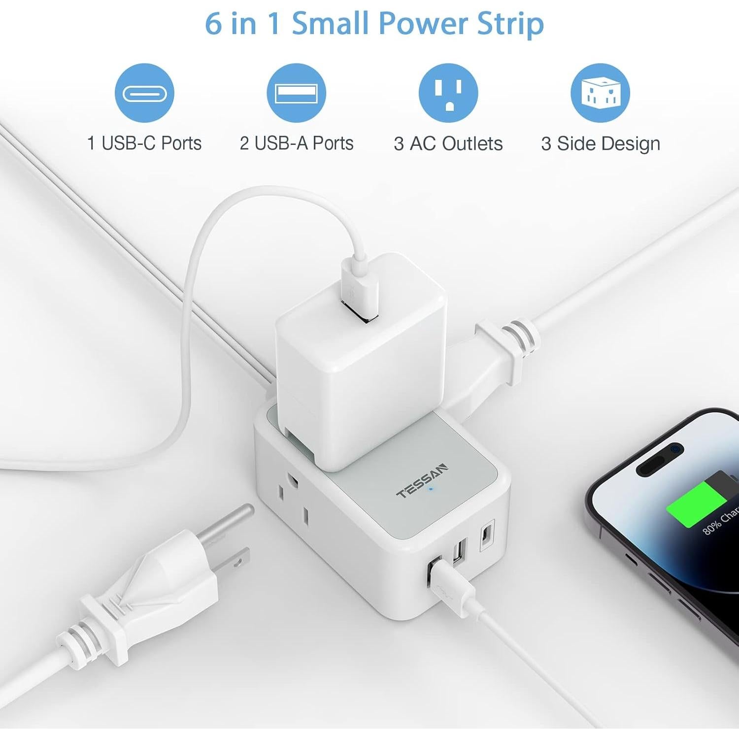 Regleta de Enchufes TESSAN 6 en 1 con USB-C 1.52m Gris