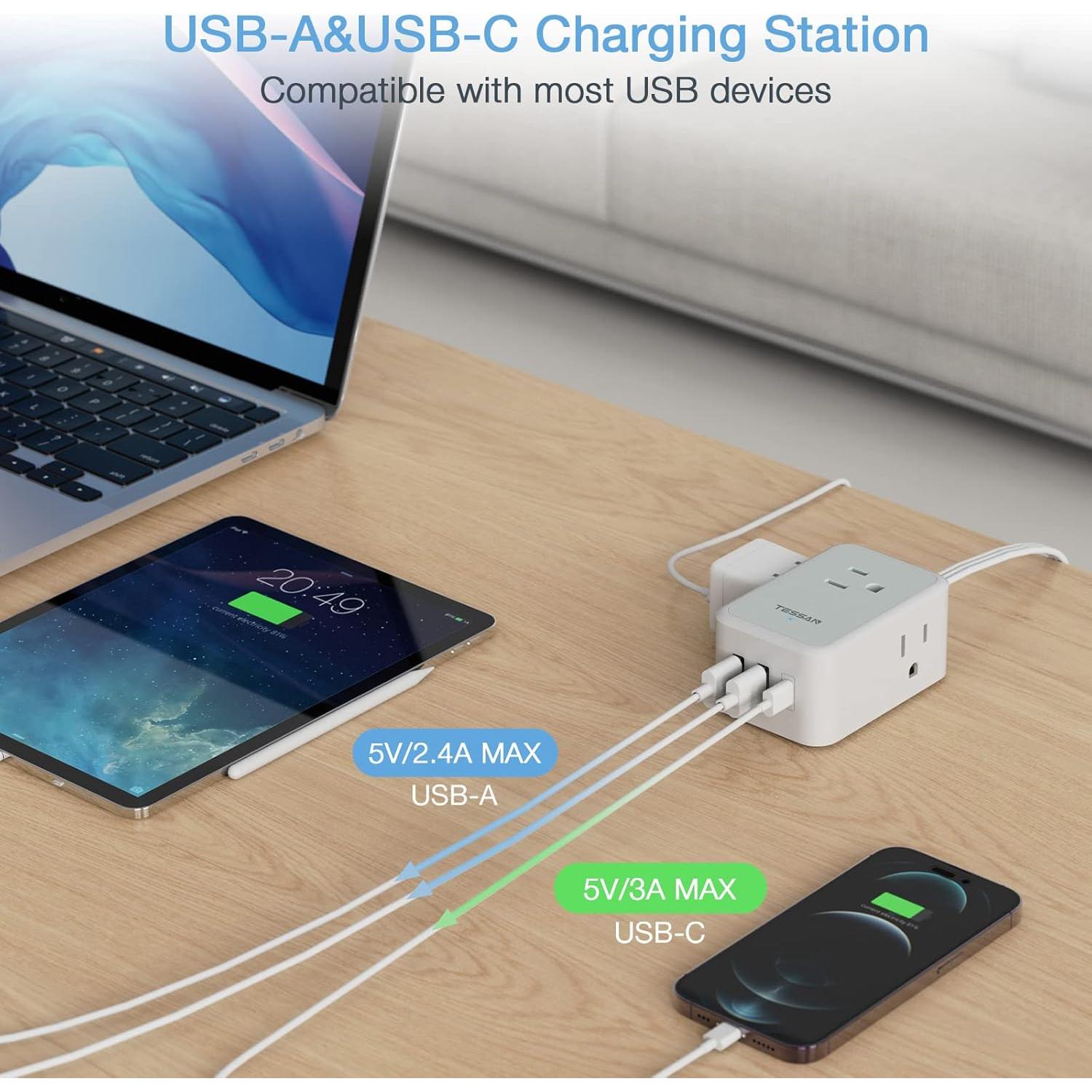 Regleta de Enchufes TESSAN 6 en 1 con USB-C 1.52m Gris