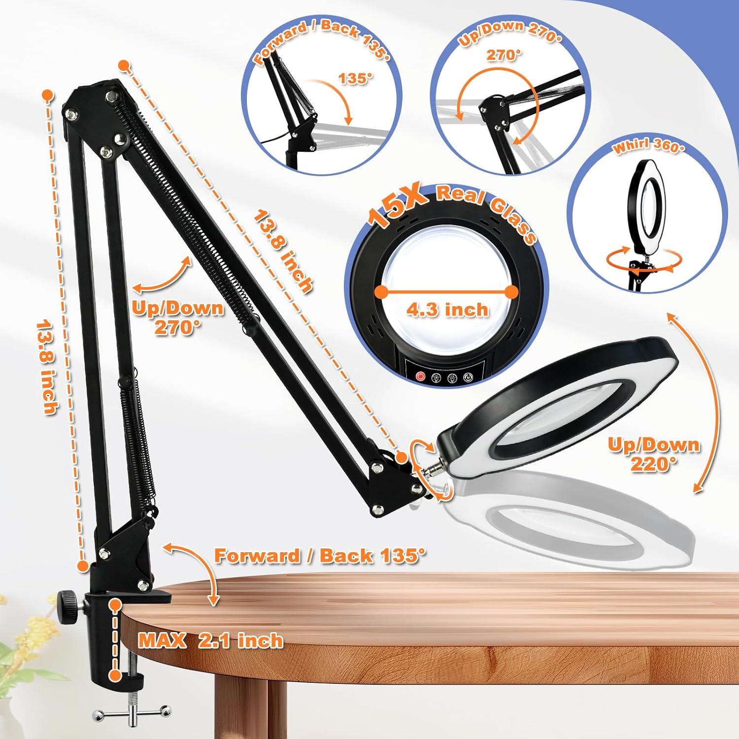 Lupa de Escritorio 15X VvLons con Luz LED y Abrazadera