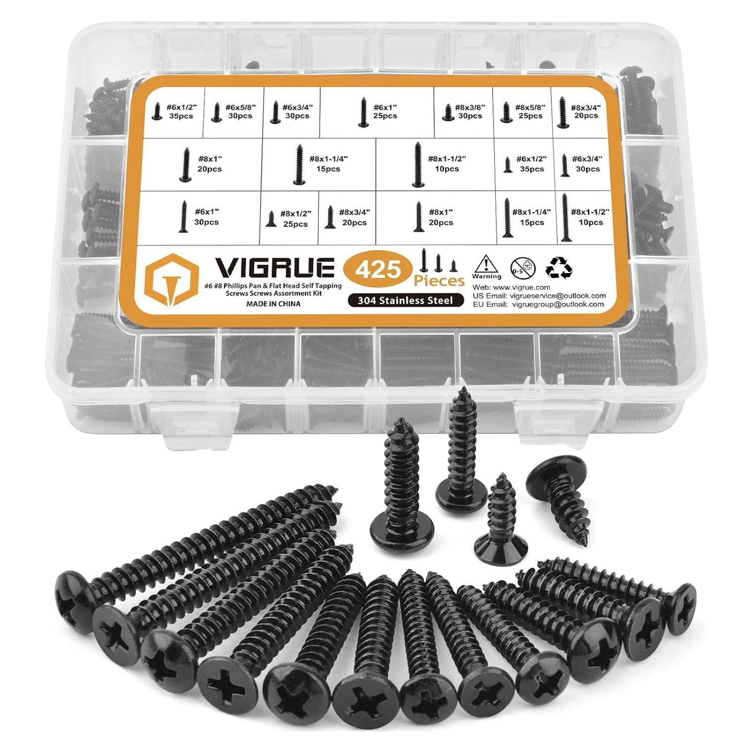 Juego de Tornillos de Madera VIGRUE 425PCS Acero Inoxidable 304
