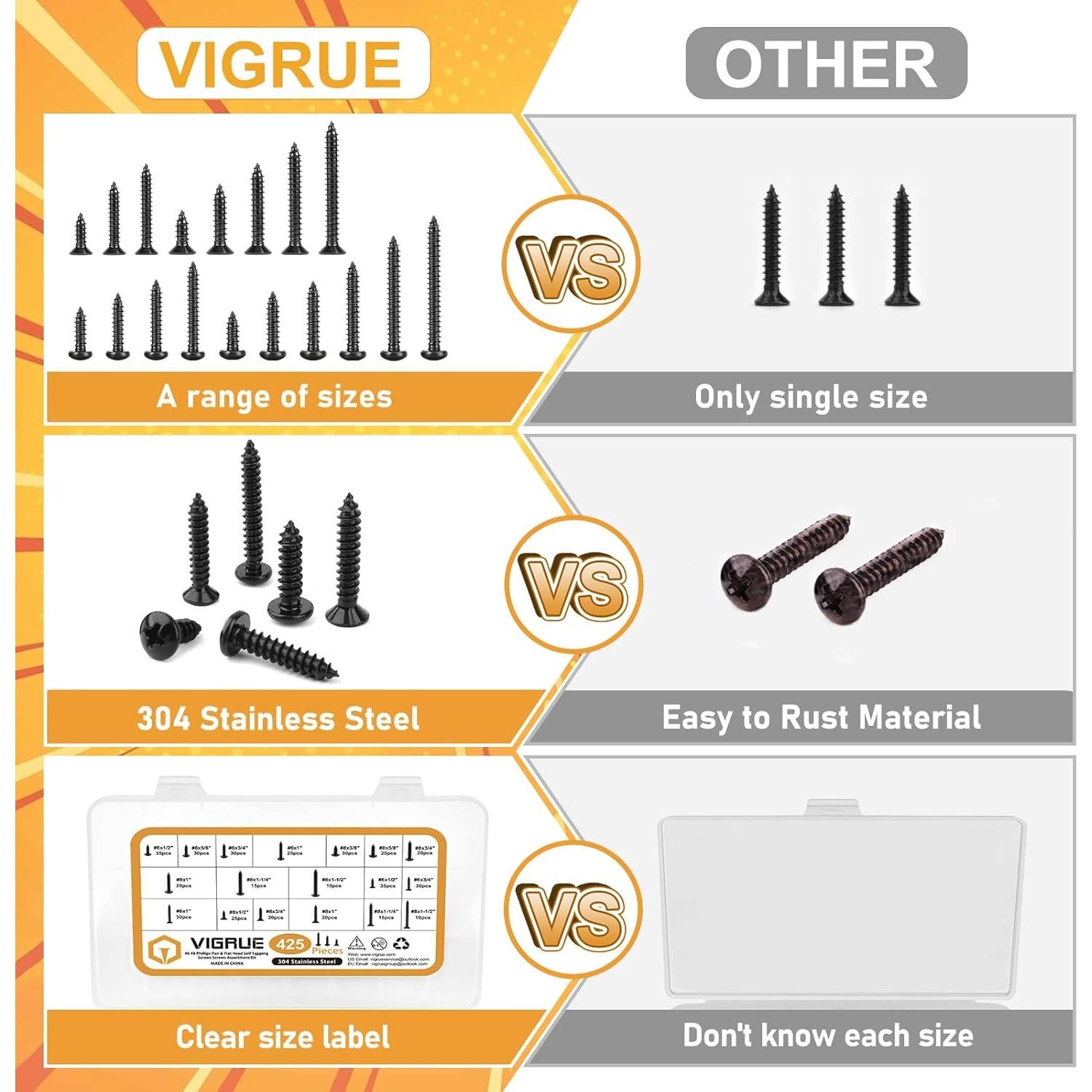 Juego de Tornillos de Madera VIGRUE 425PCS Acero Inoxidable 304