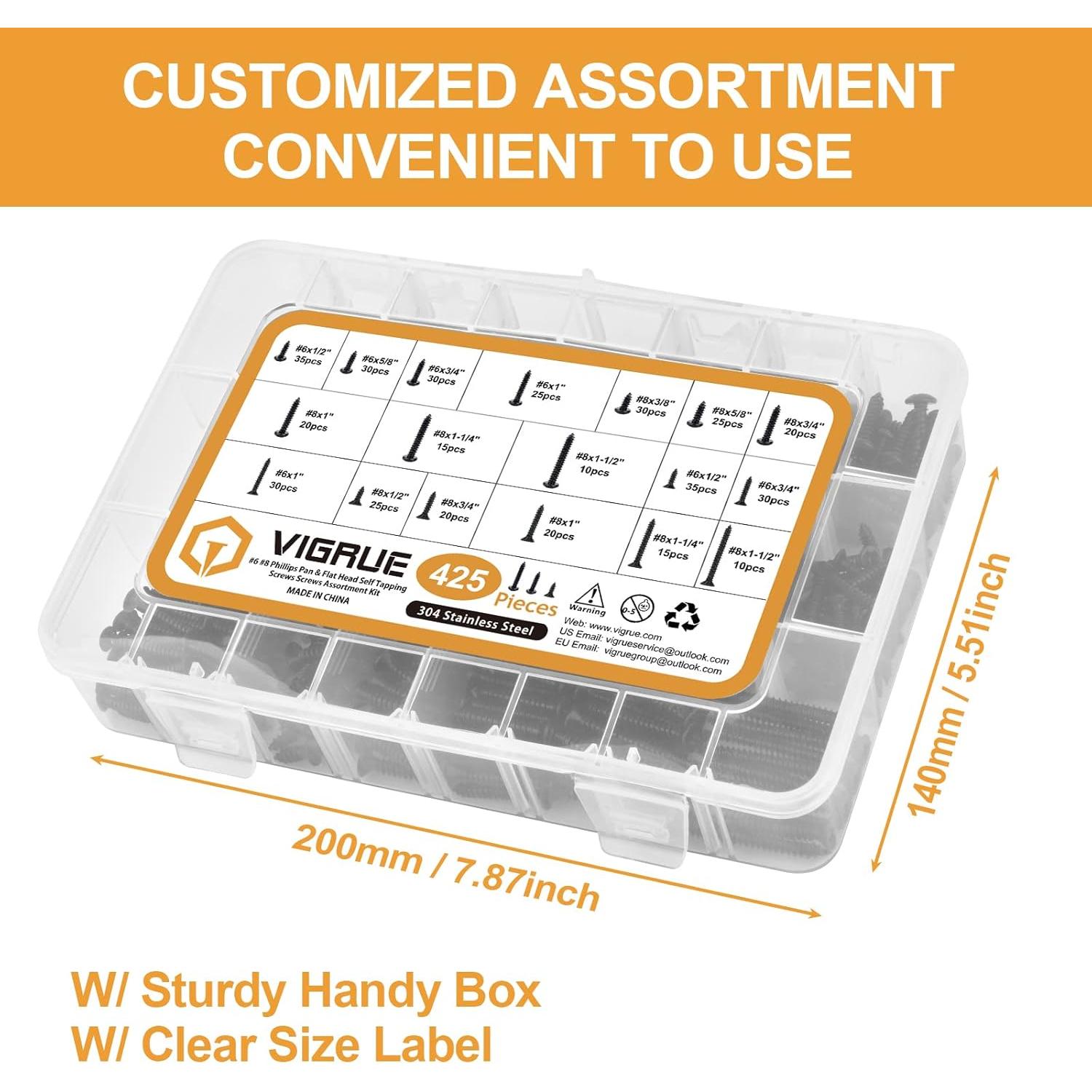 Juego de Tornillos de Madera VIGRUE 425PCS Acero Inoxidable 304
