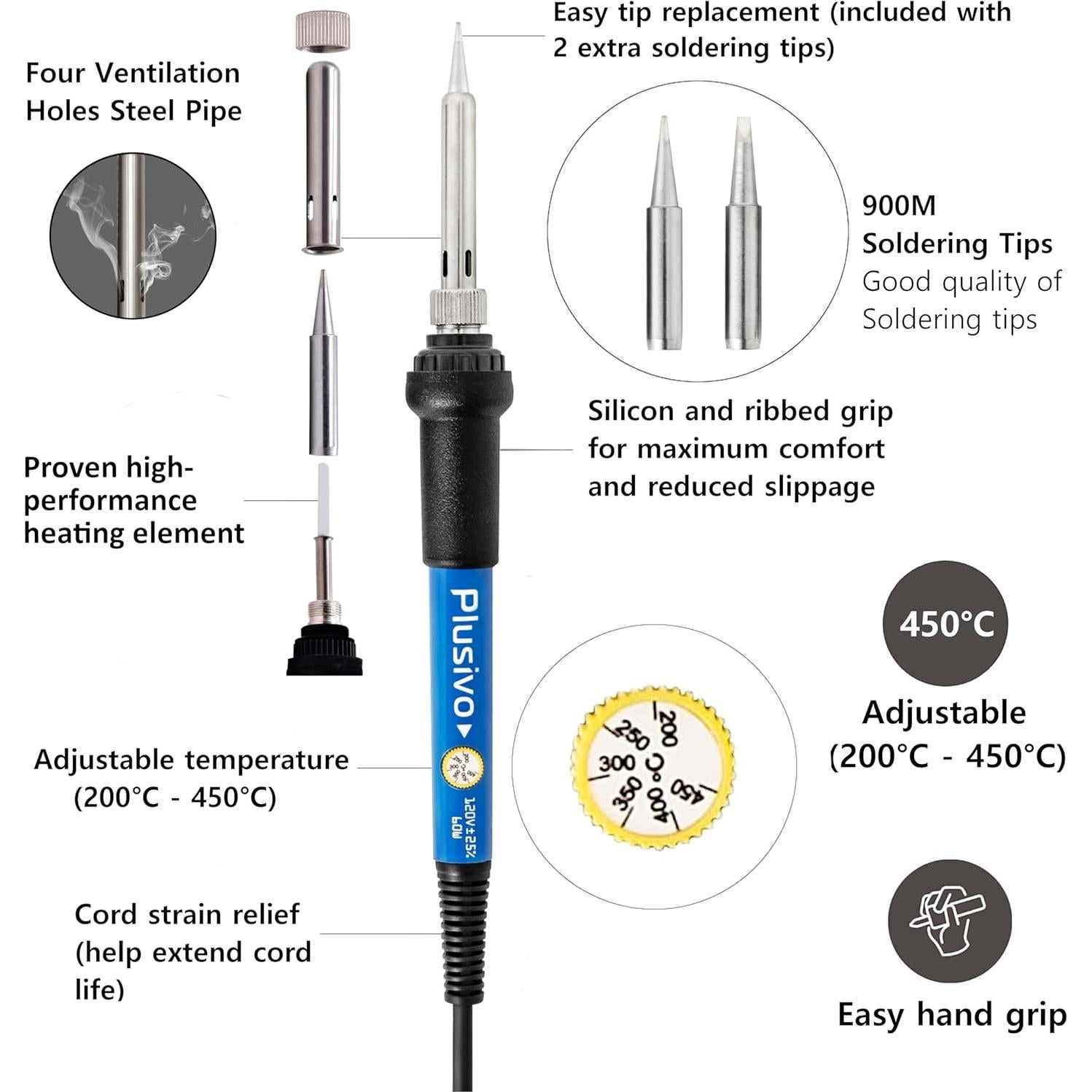 Kit de Soldador Plusivo 60W 220V, 14 en 1, Temperatura Ajustable
