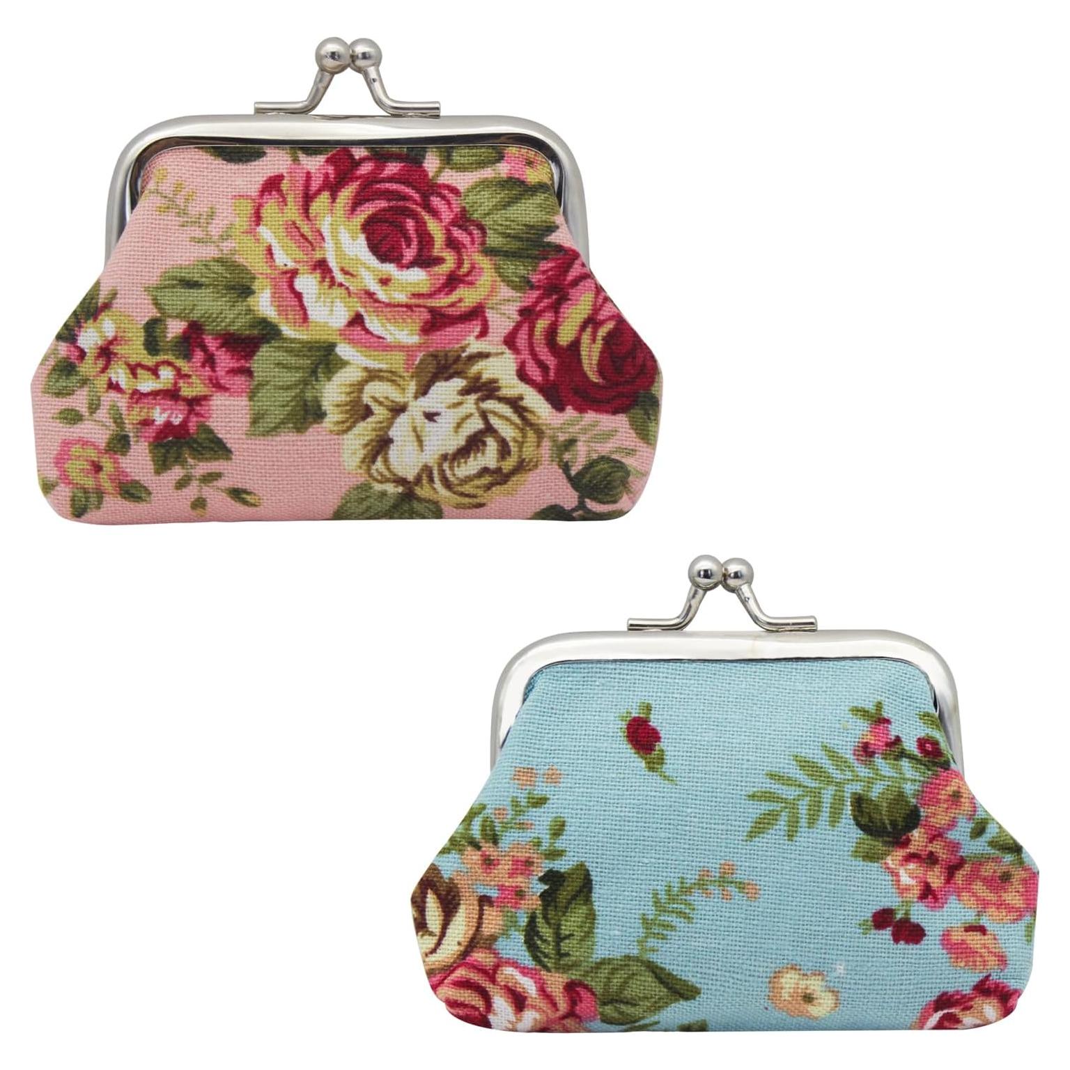 Monedero Mini de Lona con Cierre de Beso Rosa y Azul