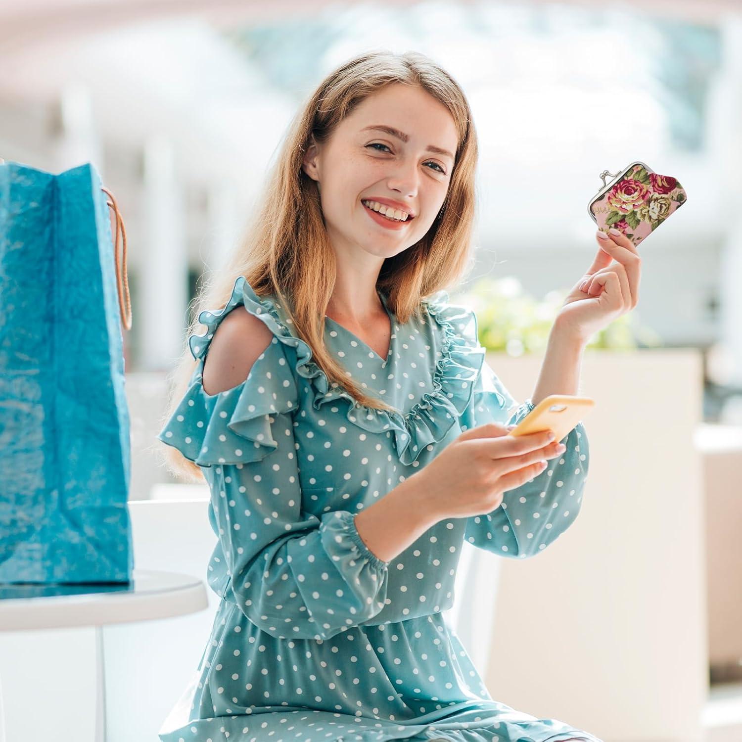 Monedero Mini de Lona con Cierre de Beso Rosa y Azul