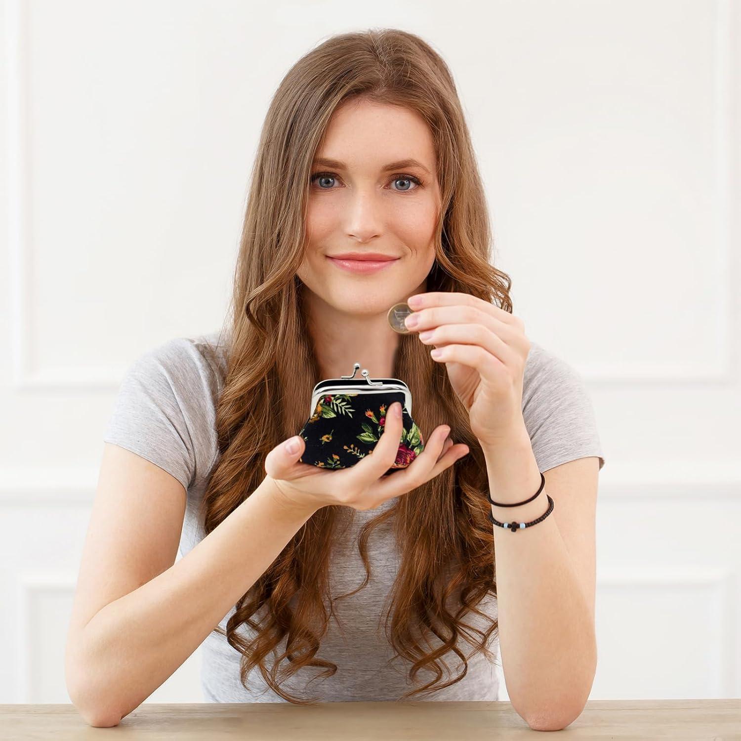 Monedero Mini de Lona con Cierre de Beso Rosa y Azul