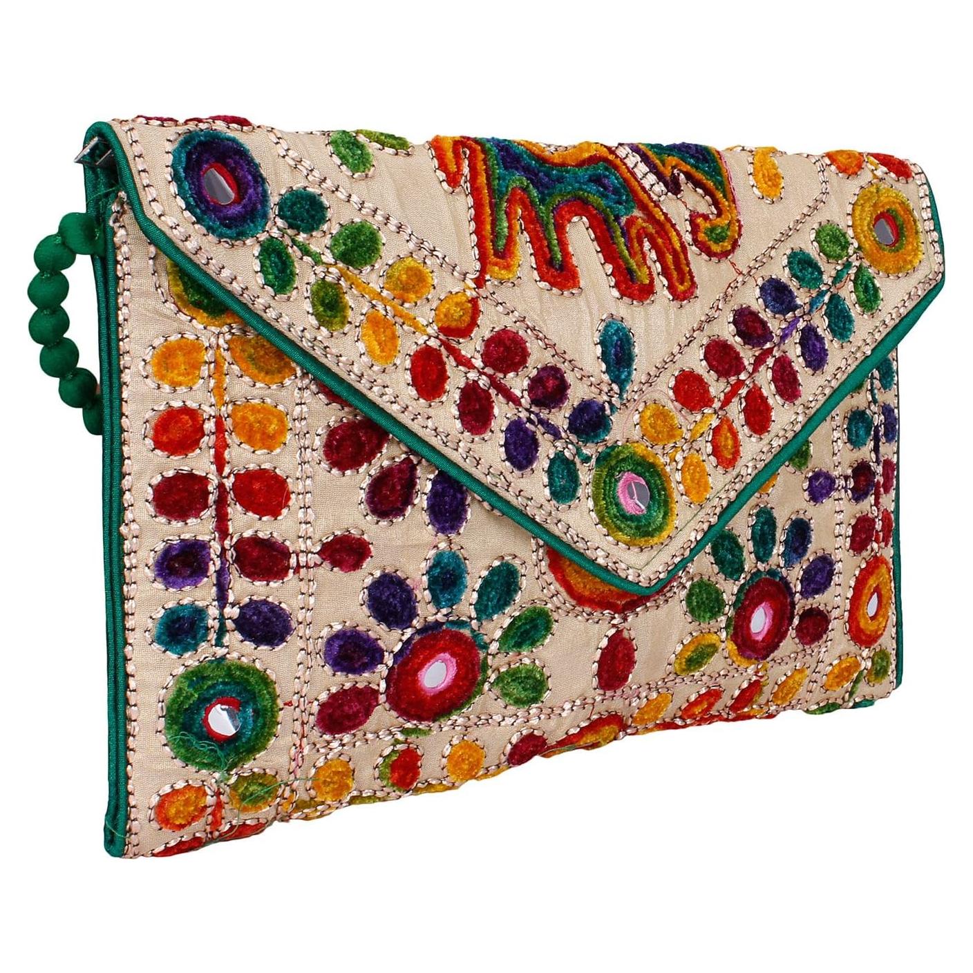 Bolso de mano Rajasthani AADITRI 30x20 cm Beige Bordado