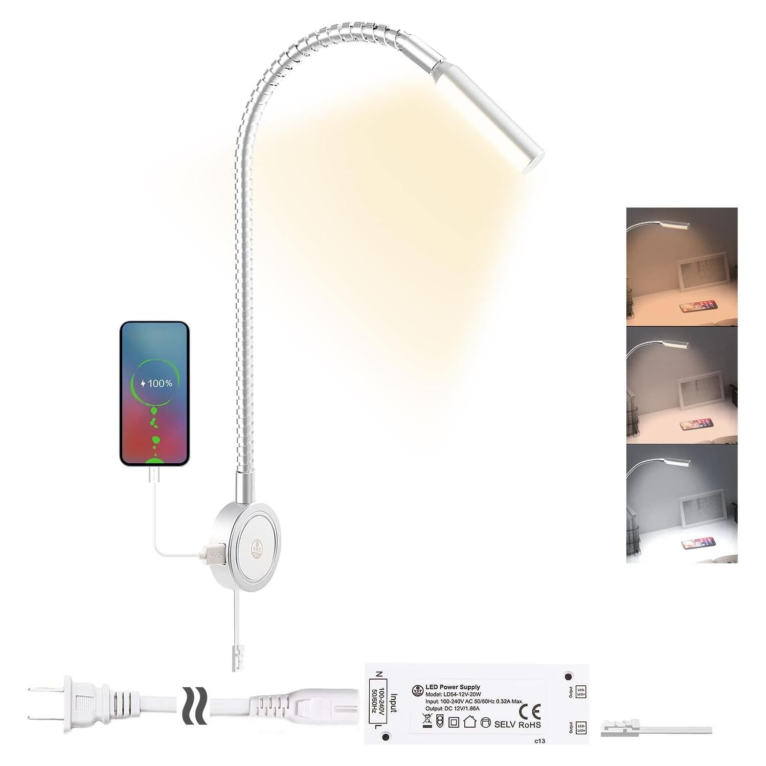 Lámpara de Lectura Montada en Pared VST con USB y Control Táctil