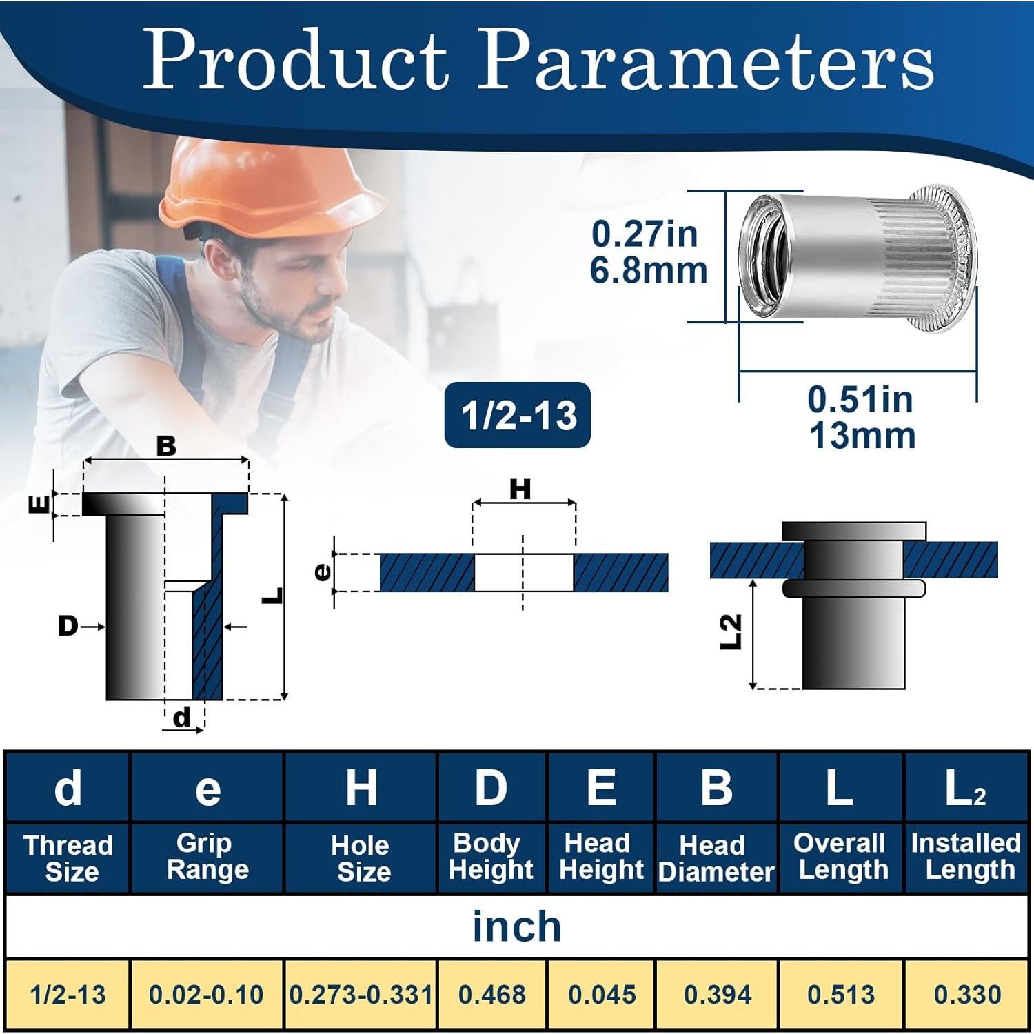 Tuerca remachada 12mm-13 UNC Vifmy 10 Pcs Acero Inoxidable 304
