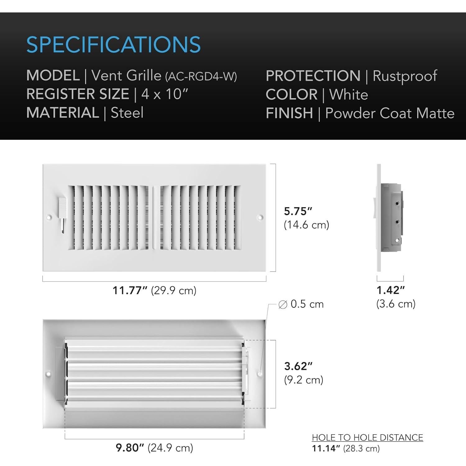 Rejilla de Ventilación AC Infinity 4" x 10" Blanca de Acero