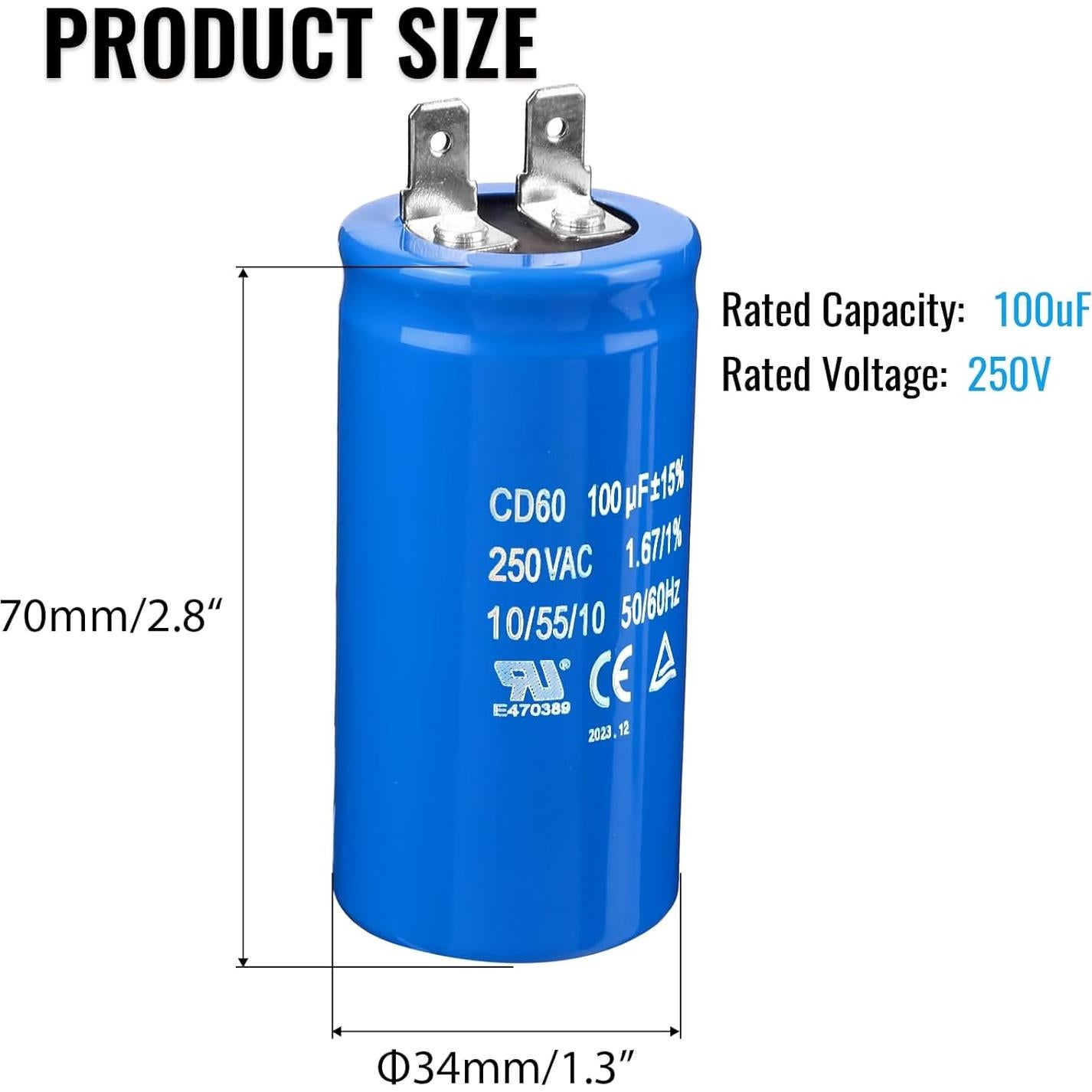 Capacitor de Arranque ZOWZEA CD60 100uF 250V para Motor Eléctrico
