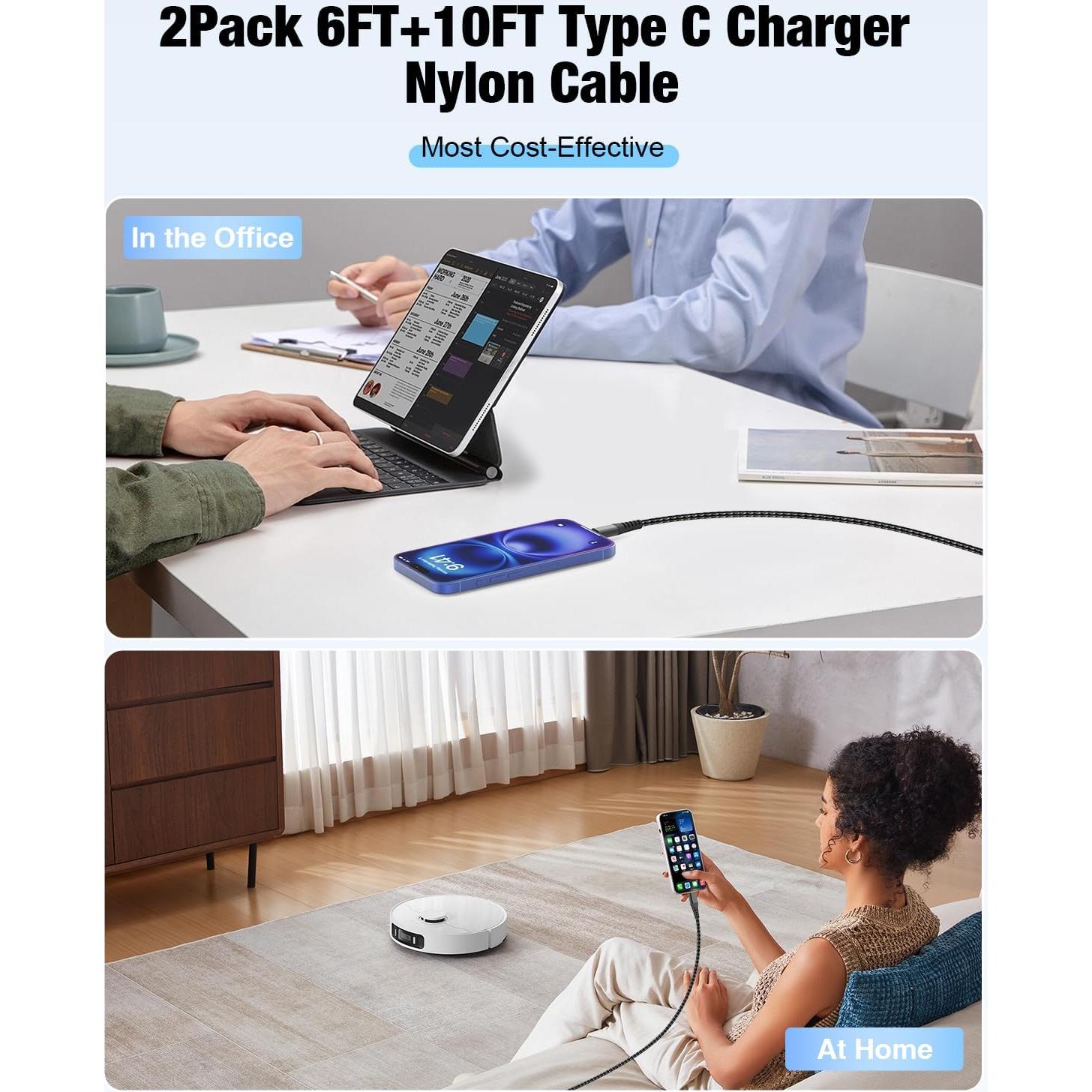 Cable USB C a USB C Cabepow 240W 2-Pack 6FT+10FT Negro