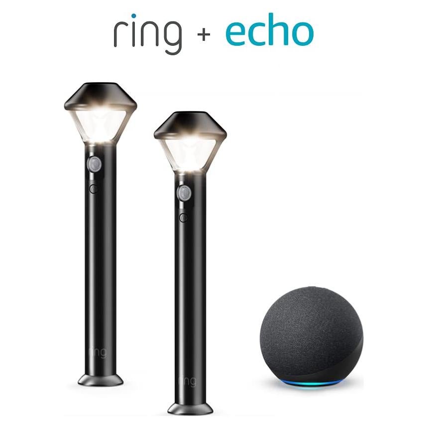 Ring Smart Lighting – Pathlight, Battery-Powered, Outdoor Motion-Sensor Security Light, Black (2-pack) + Echo (4th Gen)