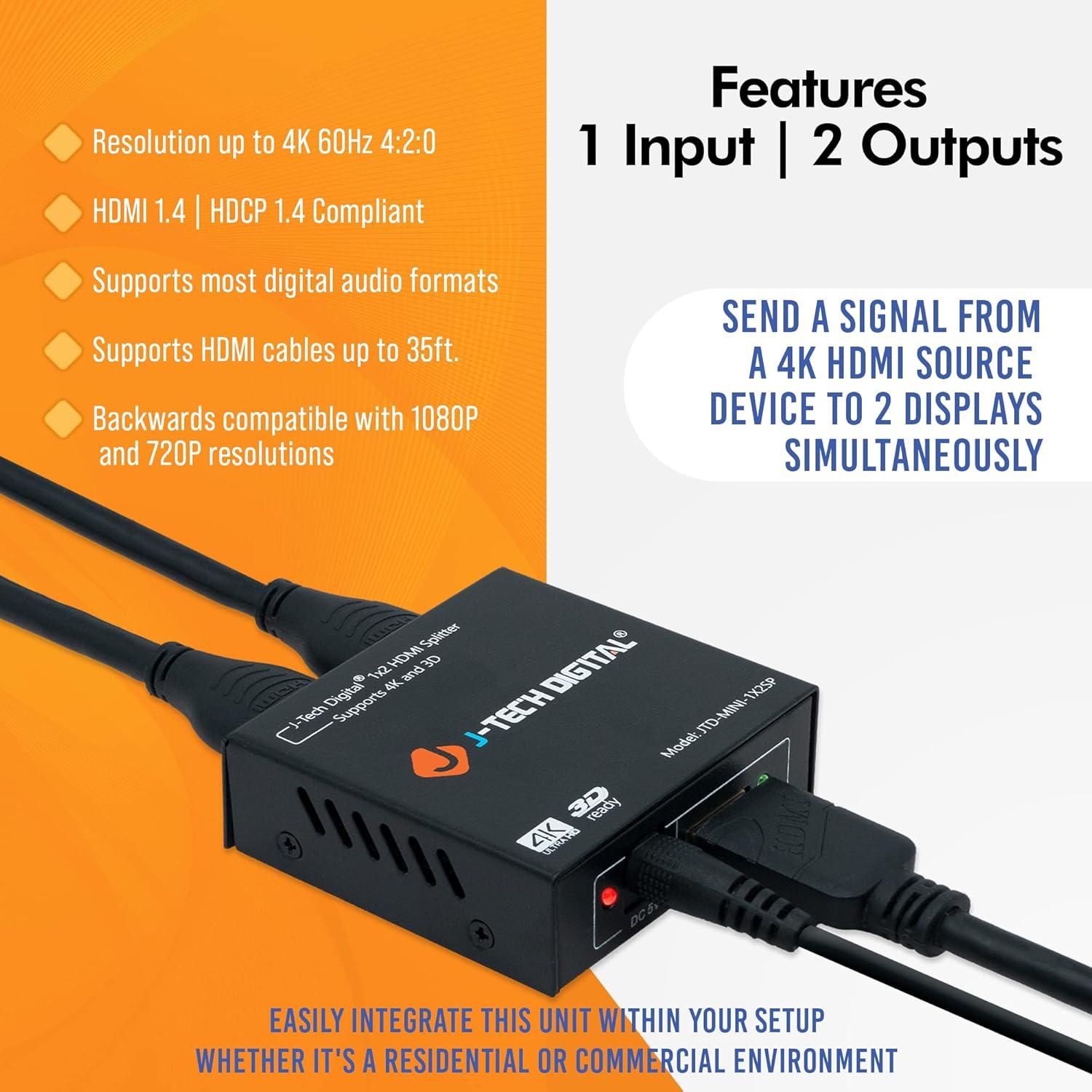 Divisor HDMI 4K J-Tech Digital JTD-MINI-1x2SP 1x2